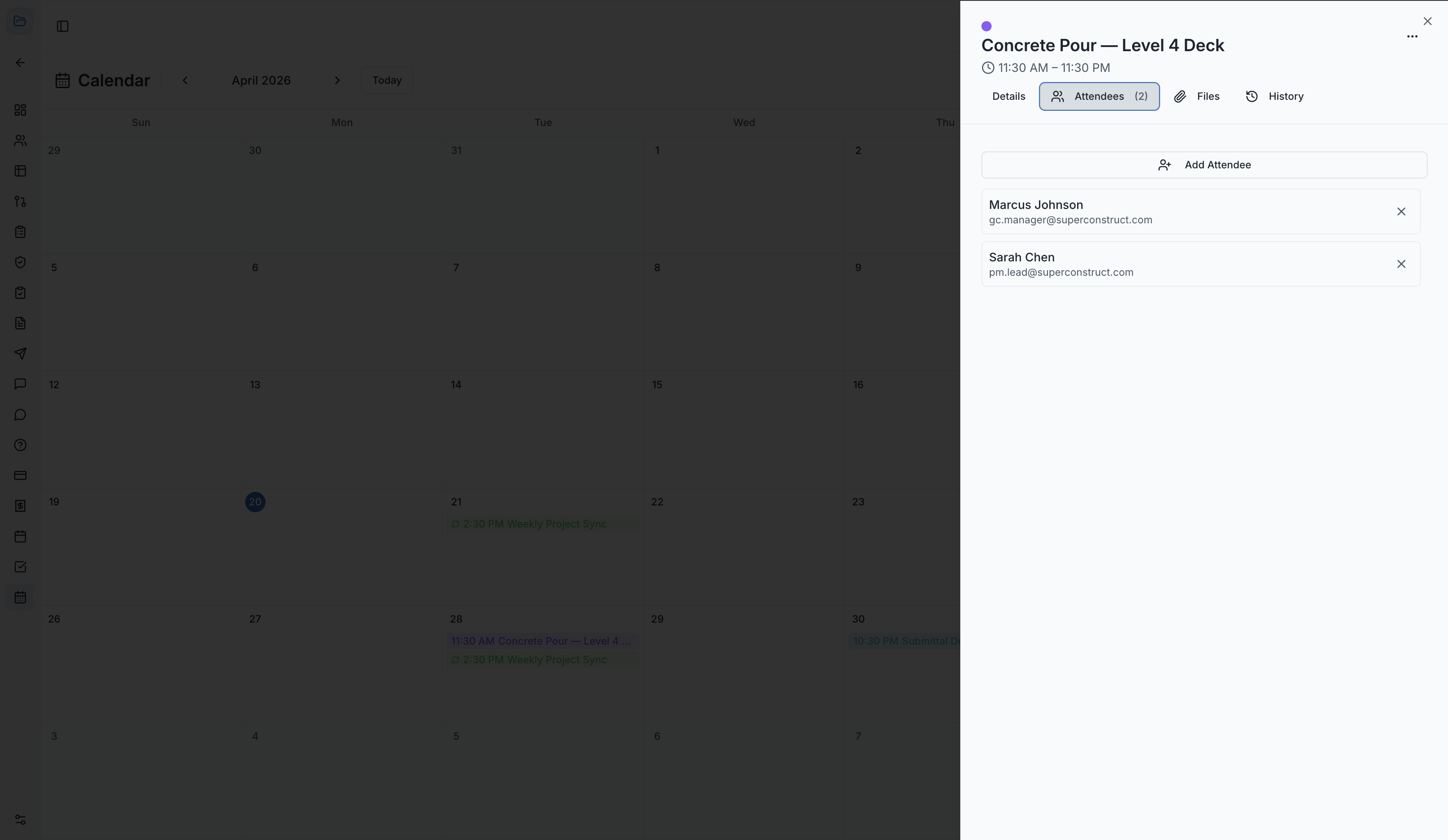 The event detail panel showing the Attendees tab
