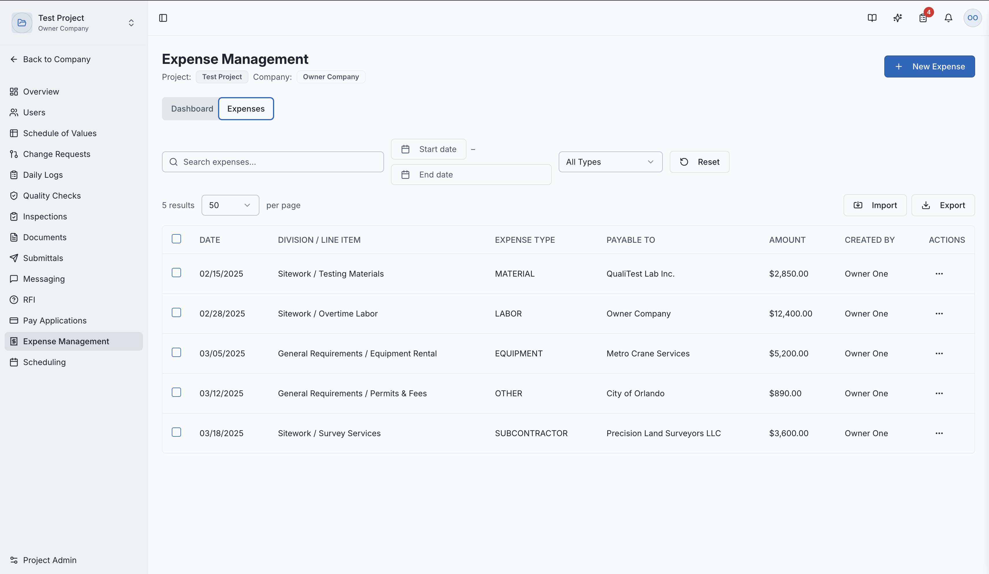 The expenses list tab with search and filters