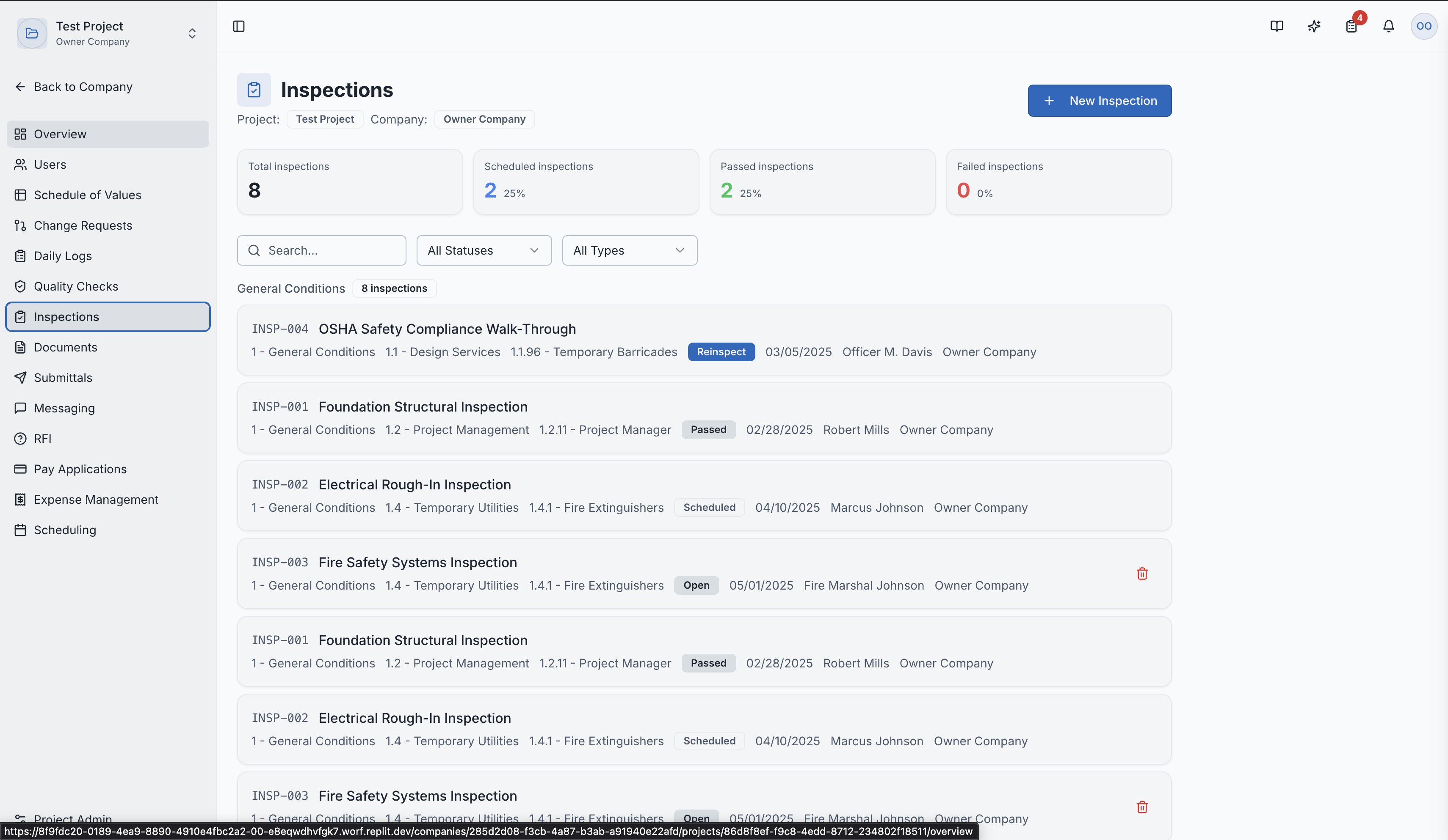 The inspections list page