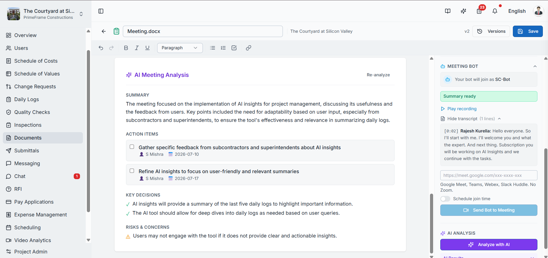 AI-generated meeting summary, key discussion points, action items, and identified risks