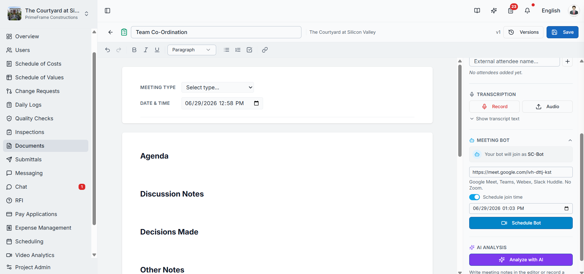 The Meeting Bot section in the right-side panel with the meeting-link input and Send/Schedule options