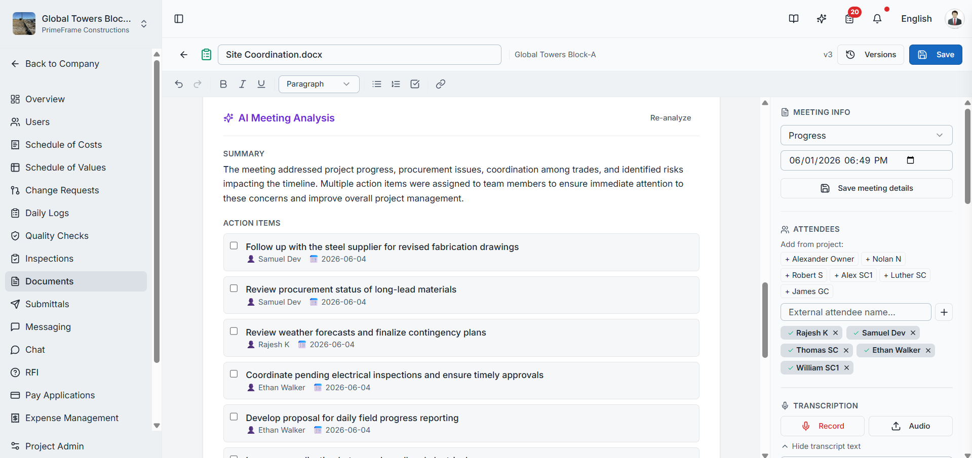Capturing meeting content via Record, Upload Audio, or Transcript