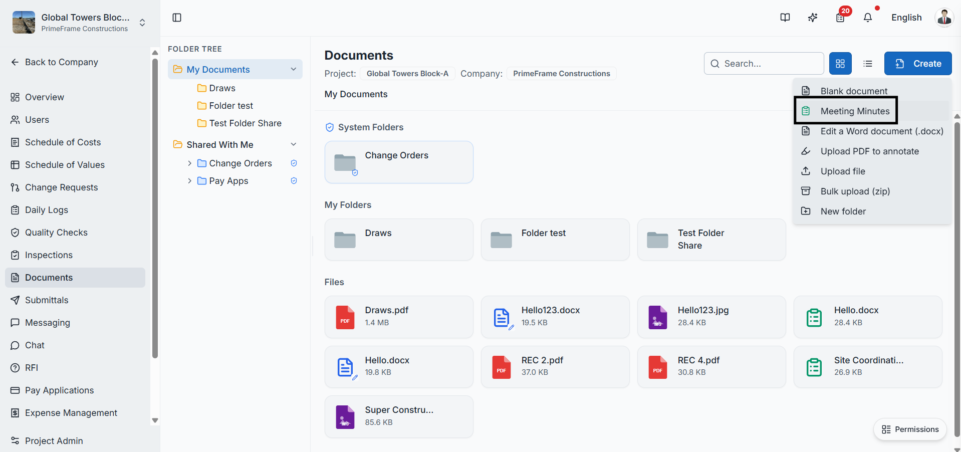 Meeting minutes list inside the Documents module