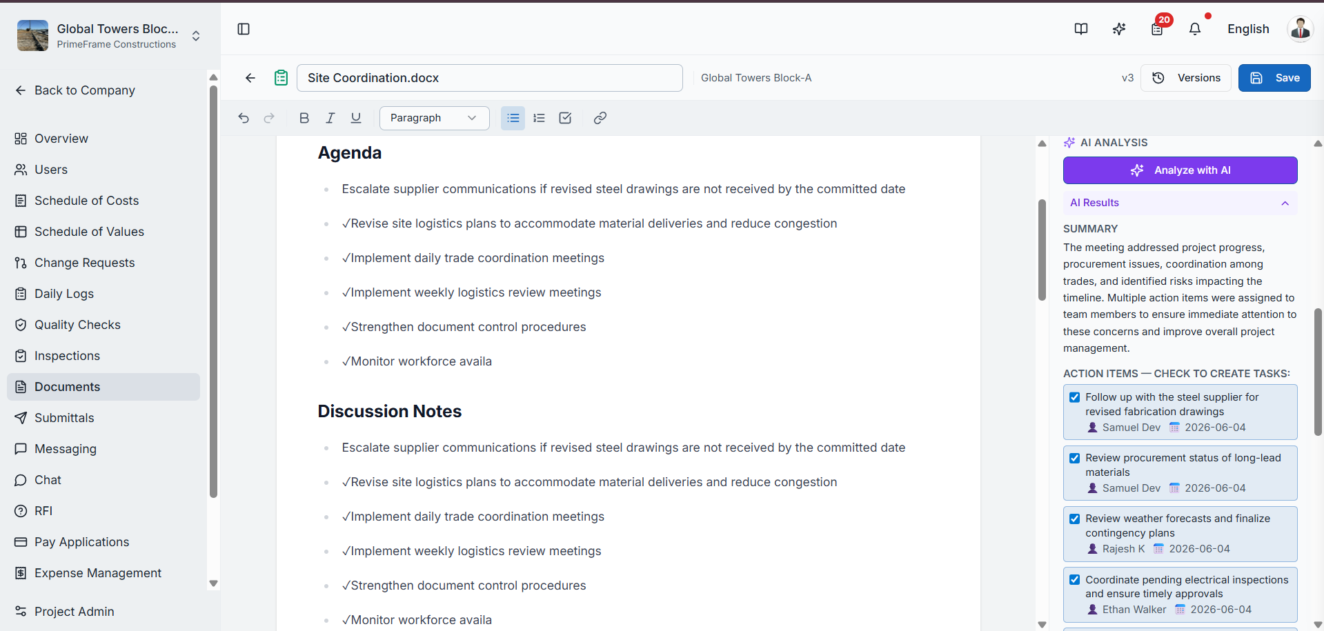 Version history panel for a saved meeting minutes record