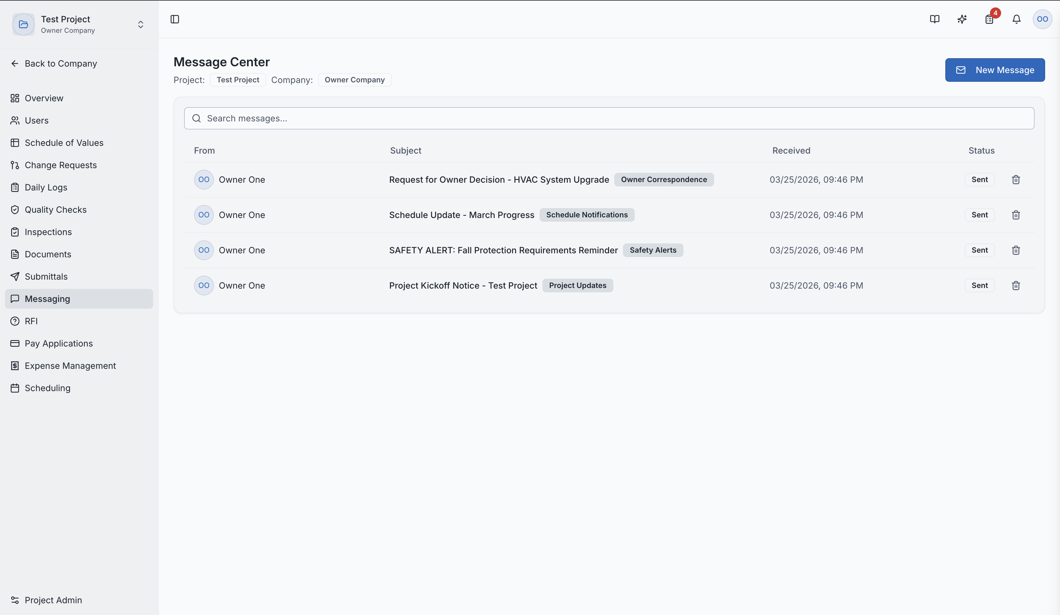 The message center list page