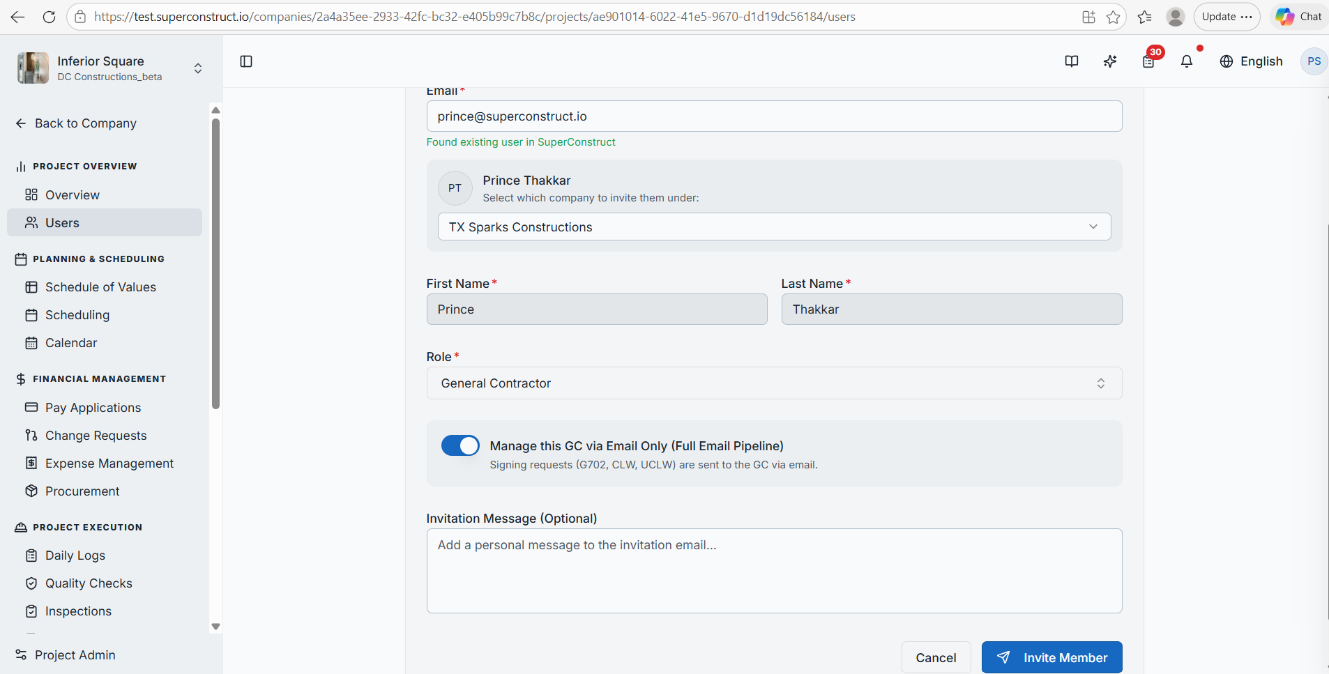 Adding a member as General Contractor with the Manage this GC via Email Only (Full Email Pipeline) toggle enabled