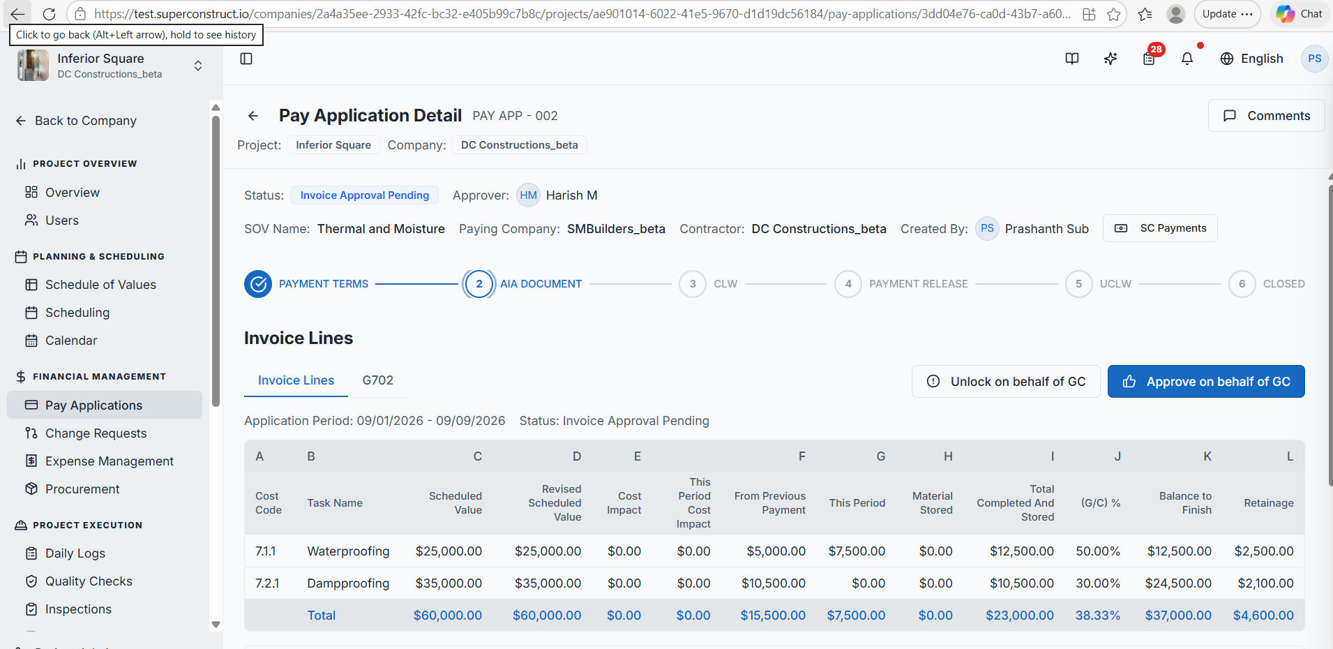 The pay application stage indicator with Approve/Unlock on behalf of GC and the invoice lines