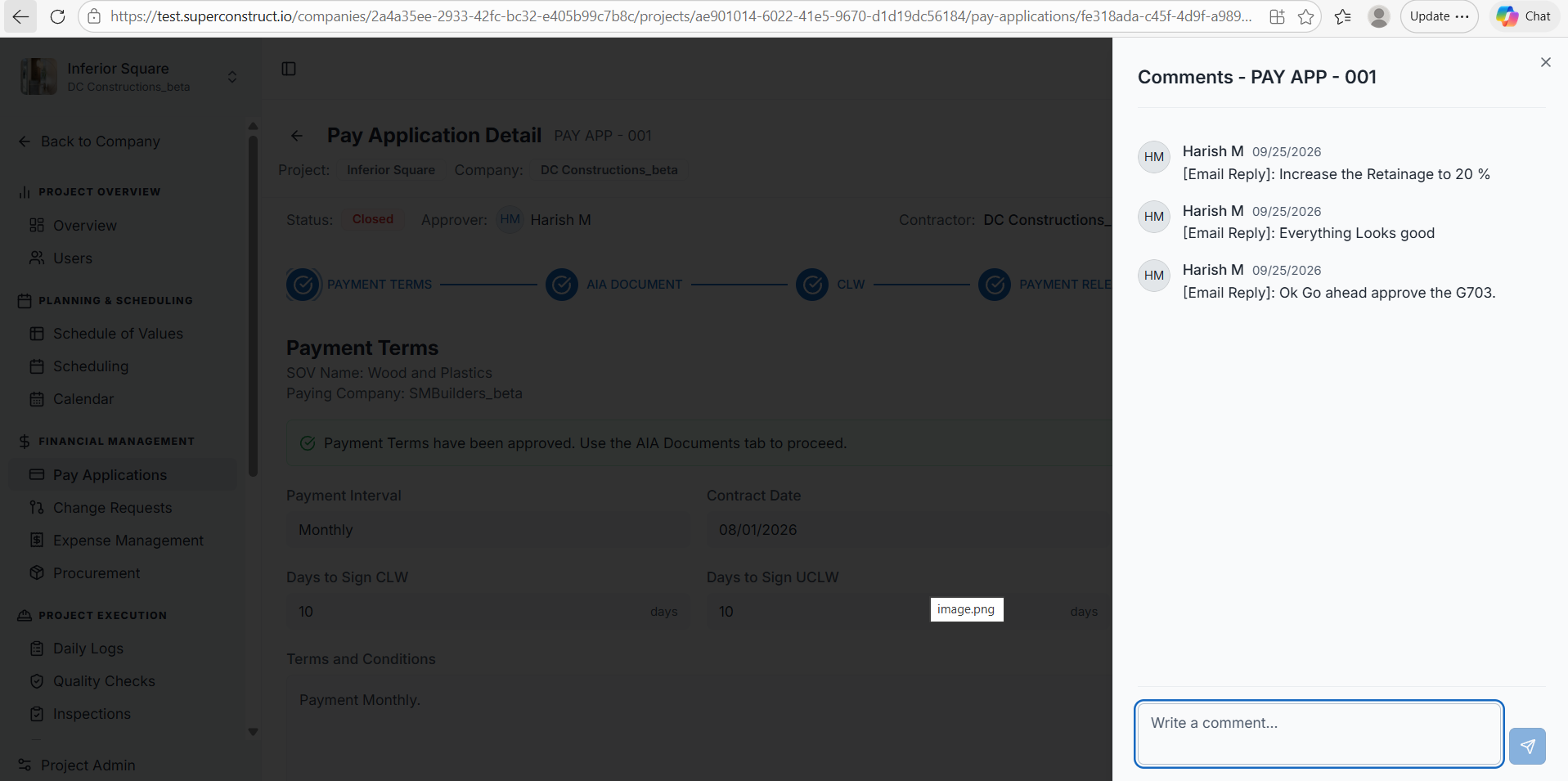 The pay application payment terms, approved on behalf of the email-only GC, with the email replies