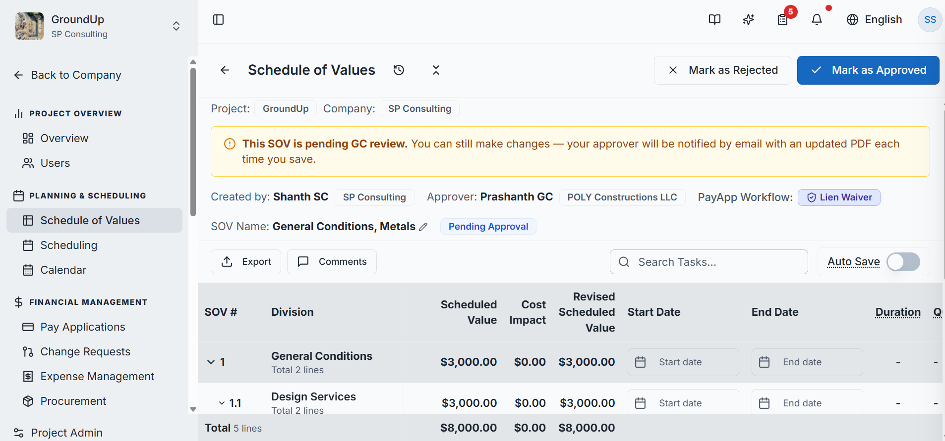 An SOV pending GC review — the approver is notified by email, with Mark as Approved/Rejected available