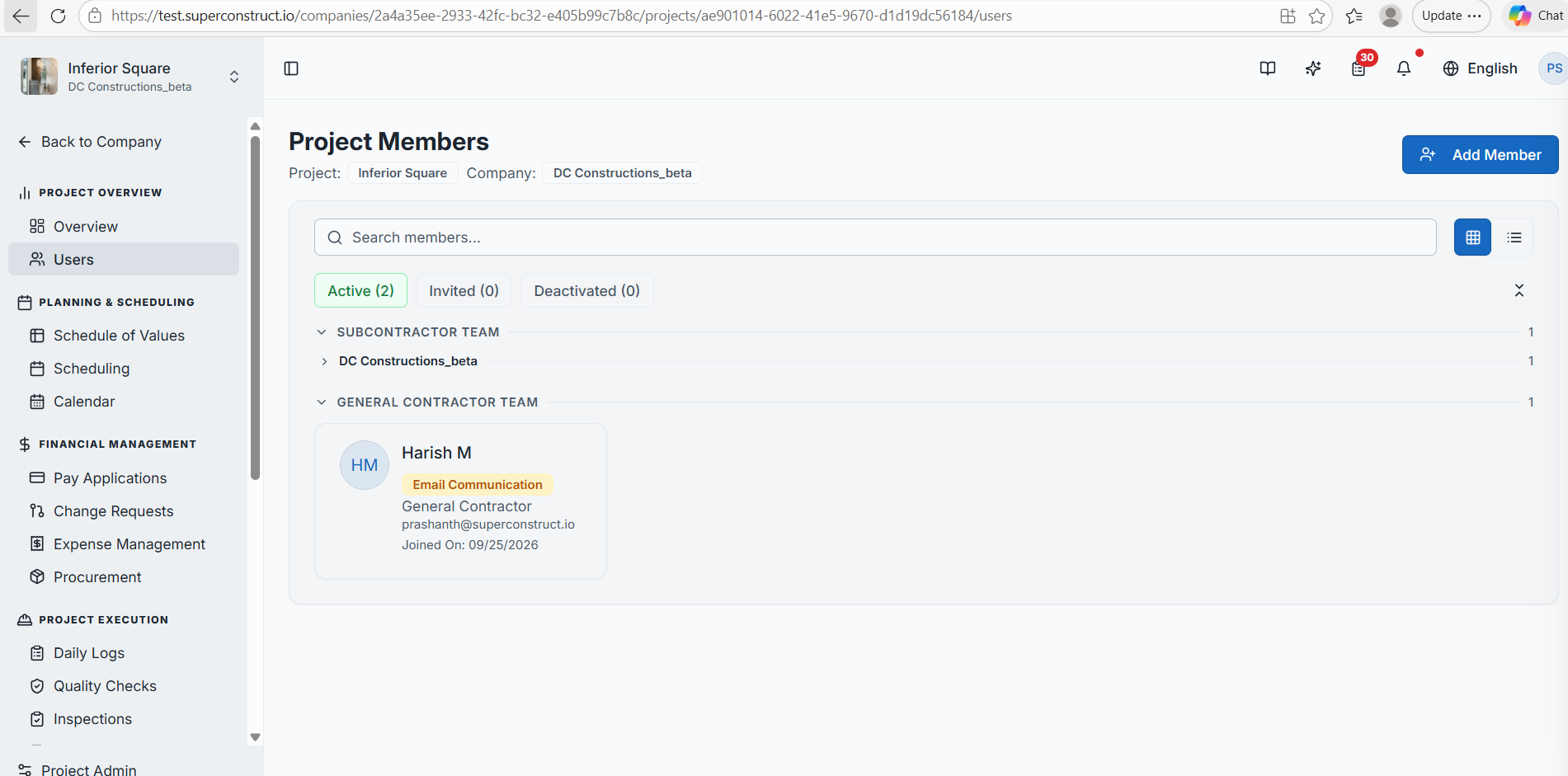 The General Contractor team showing the offline GC with an Email Communication indicator