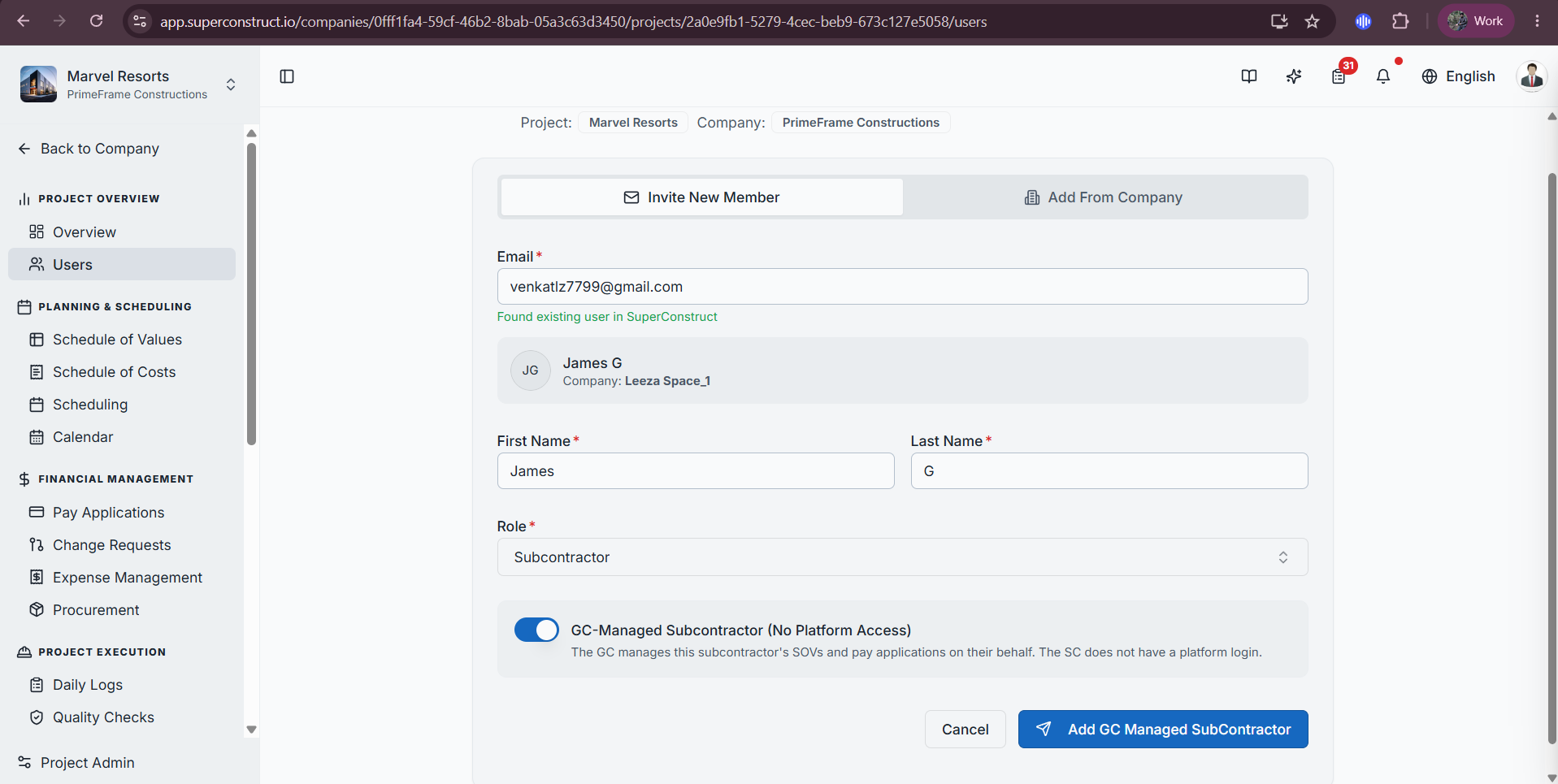 Adding a member with the GC-Managed Subcontractor (No Platform Access) toggle enabled