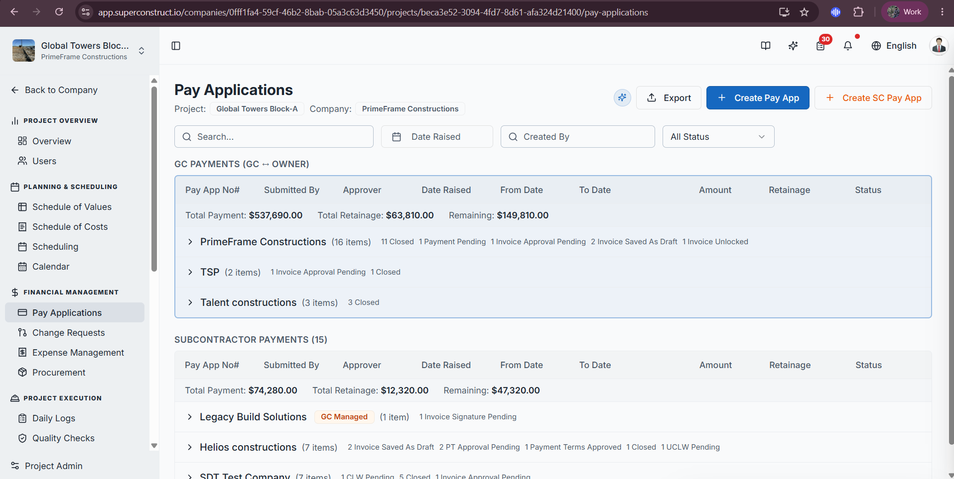 The Pay Applications page with the Create SC Pay App button and Subcontractor Payments