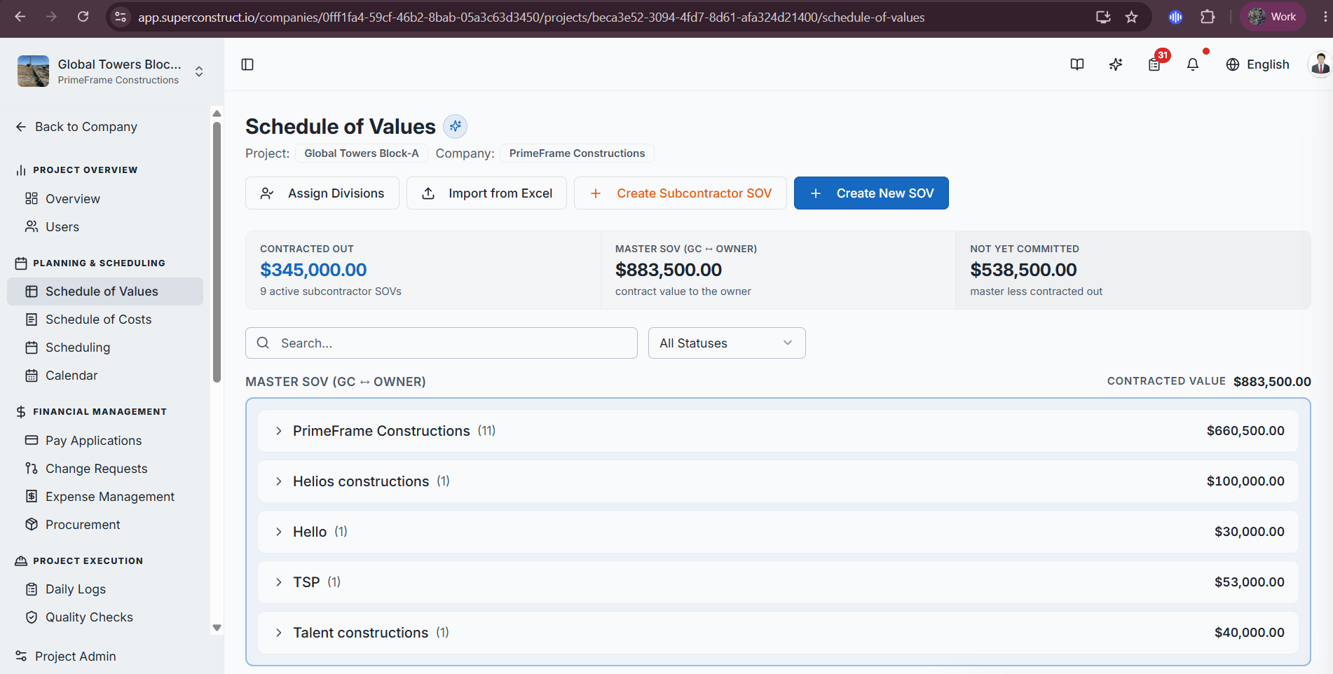 The Schedule of Values page with the Create Subcontractor SOV button