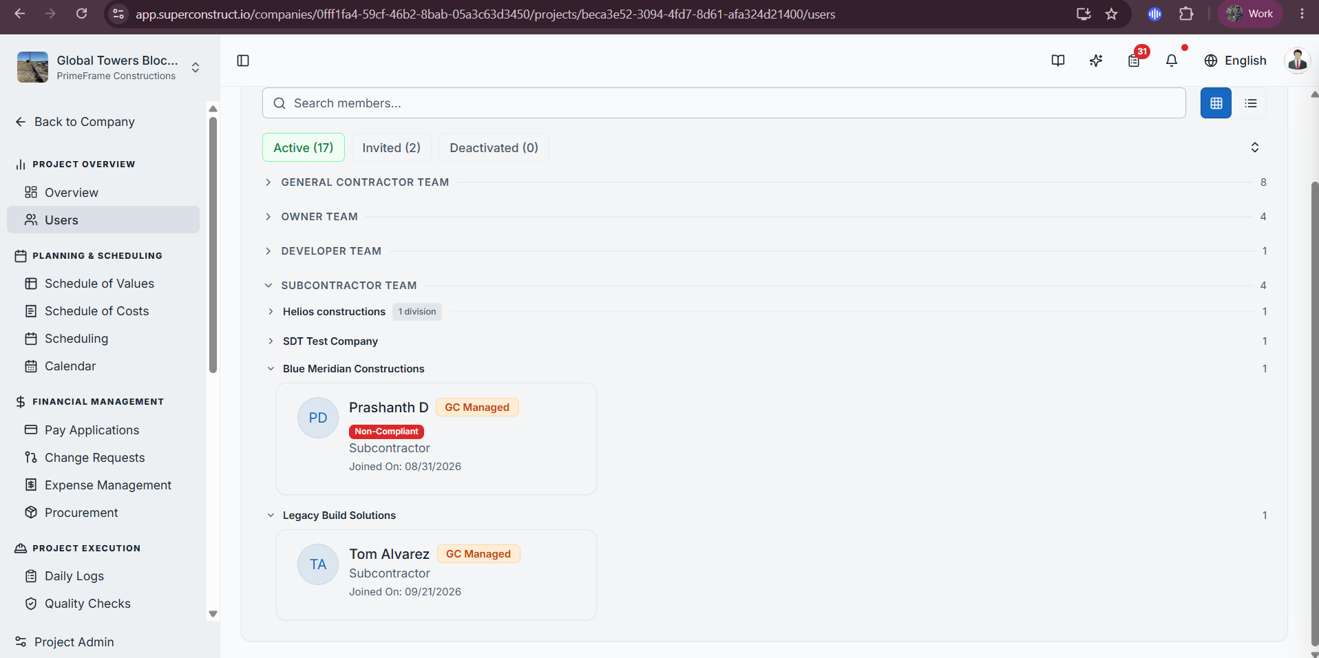 The Users page showing GC Managed labels on subcontractor cards