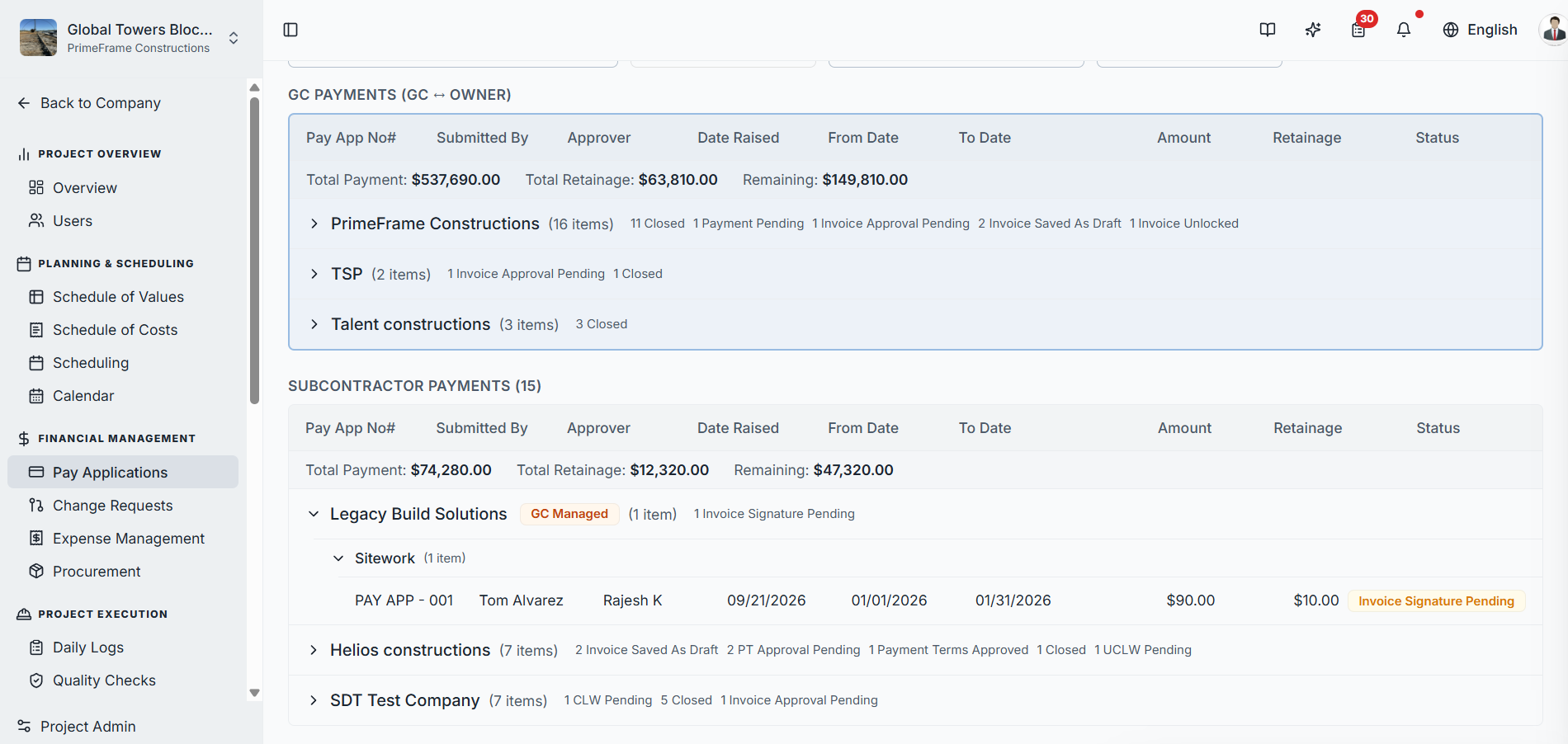 A GC-managed subcontractor pay application showing Invoice Signature Pending