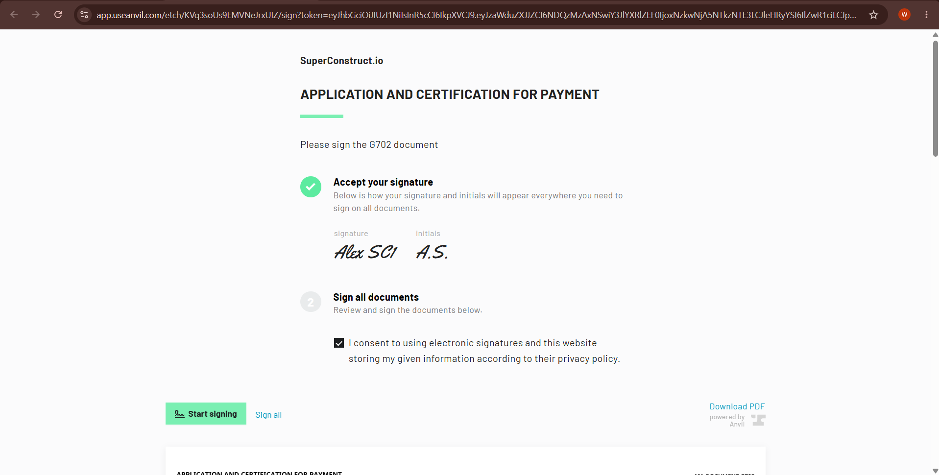 The document signing page for the G702/G703 with signature and consent