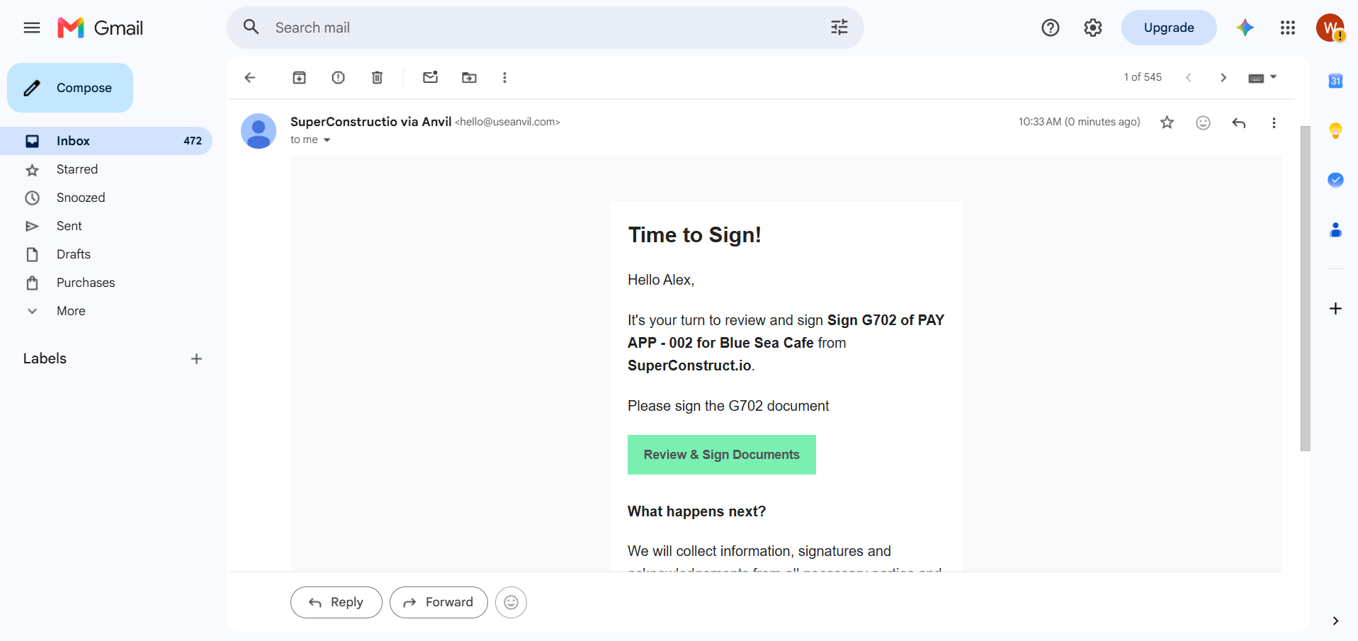 The emailed signature request with the Review & Sign Documents button