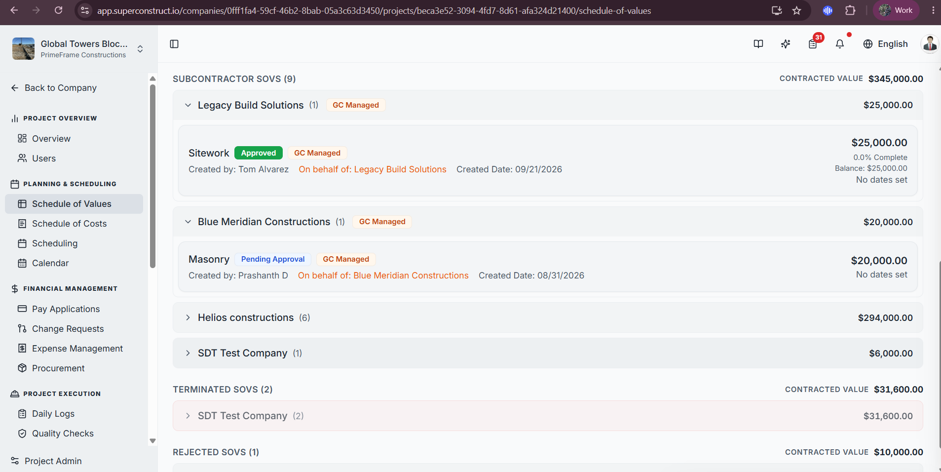 Subcontractor SOVs listed with the GC Managed label and on-behalf-of note