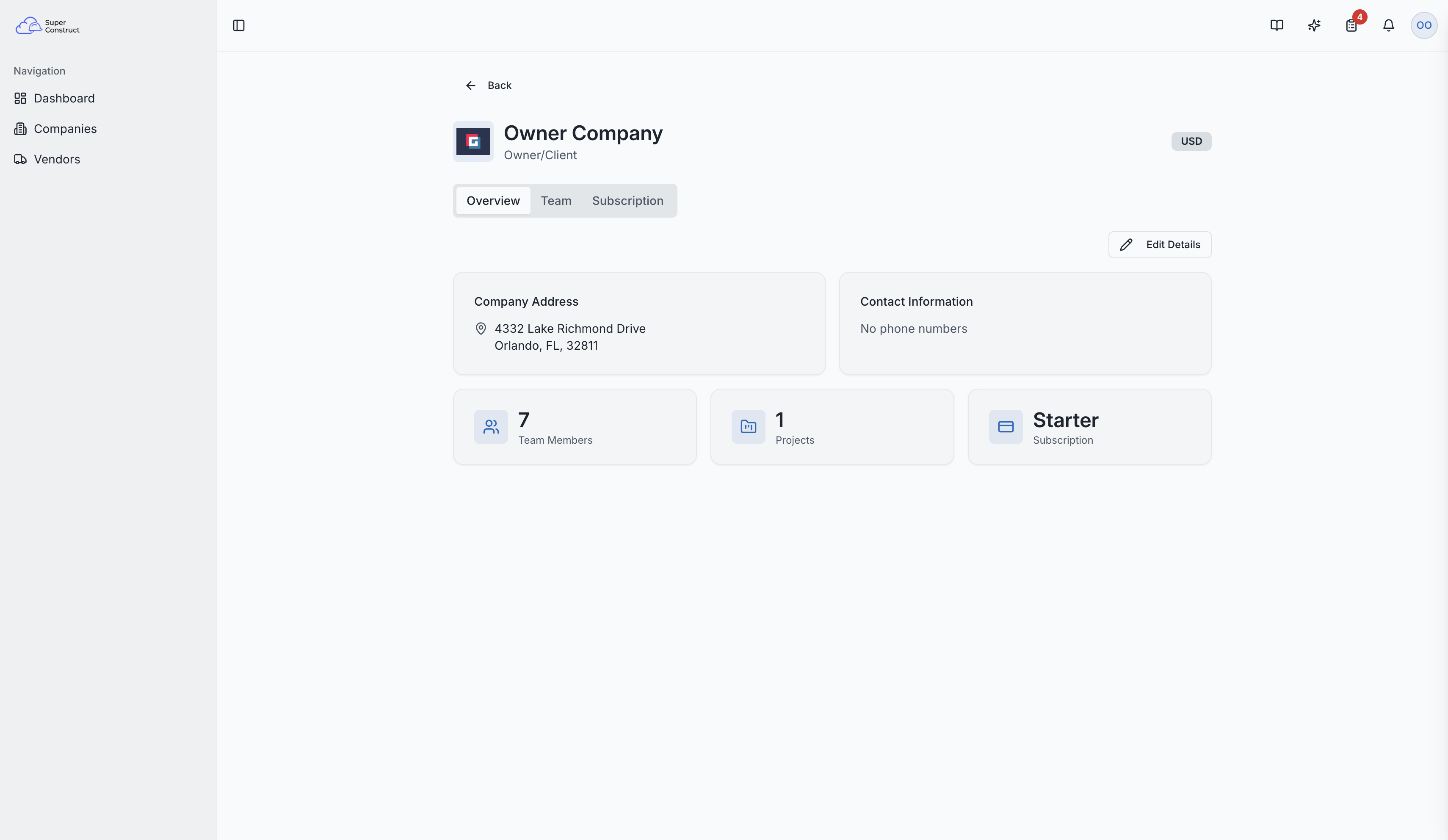 Organization page showing company details and summary