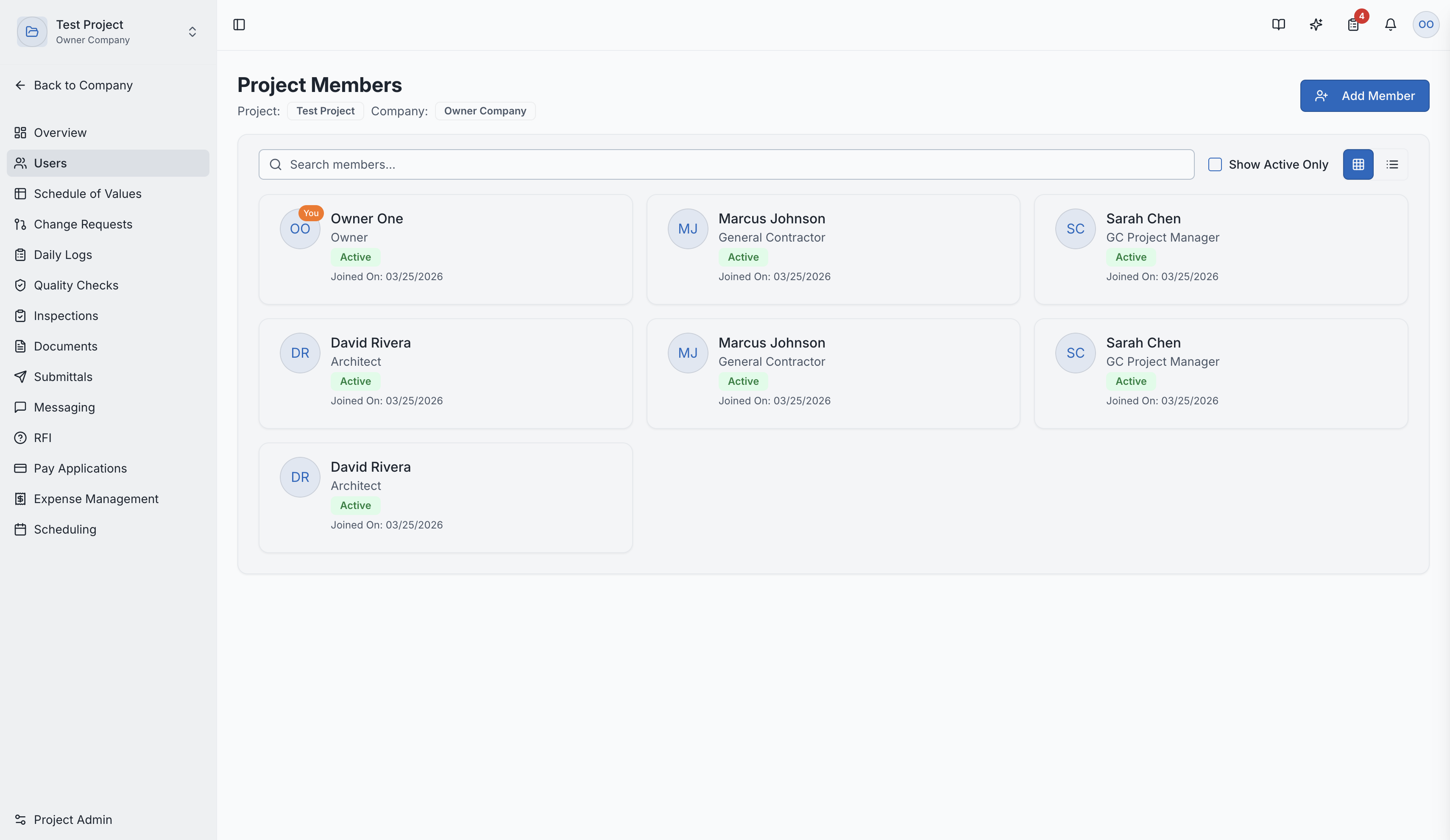 The team management tab with member list and invitations