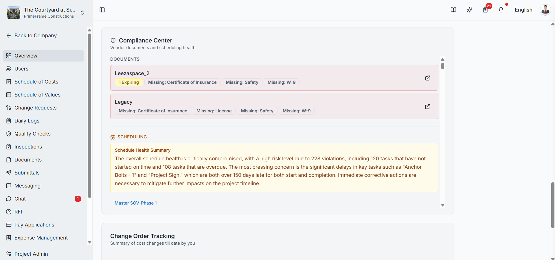 Compliance Center showing vendor document gaps and schedule health