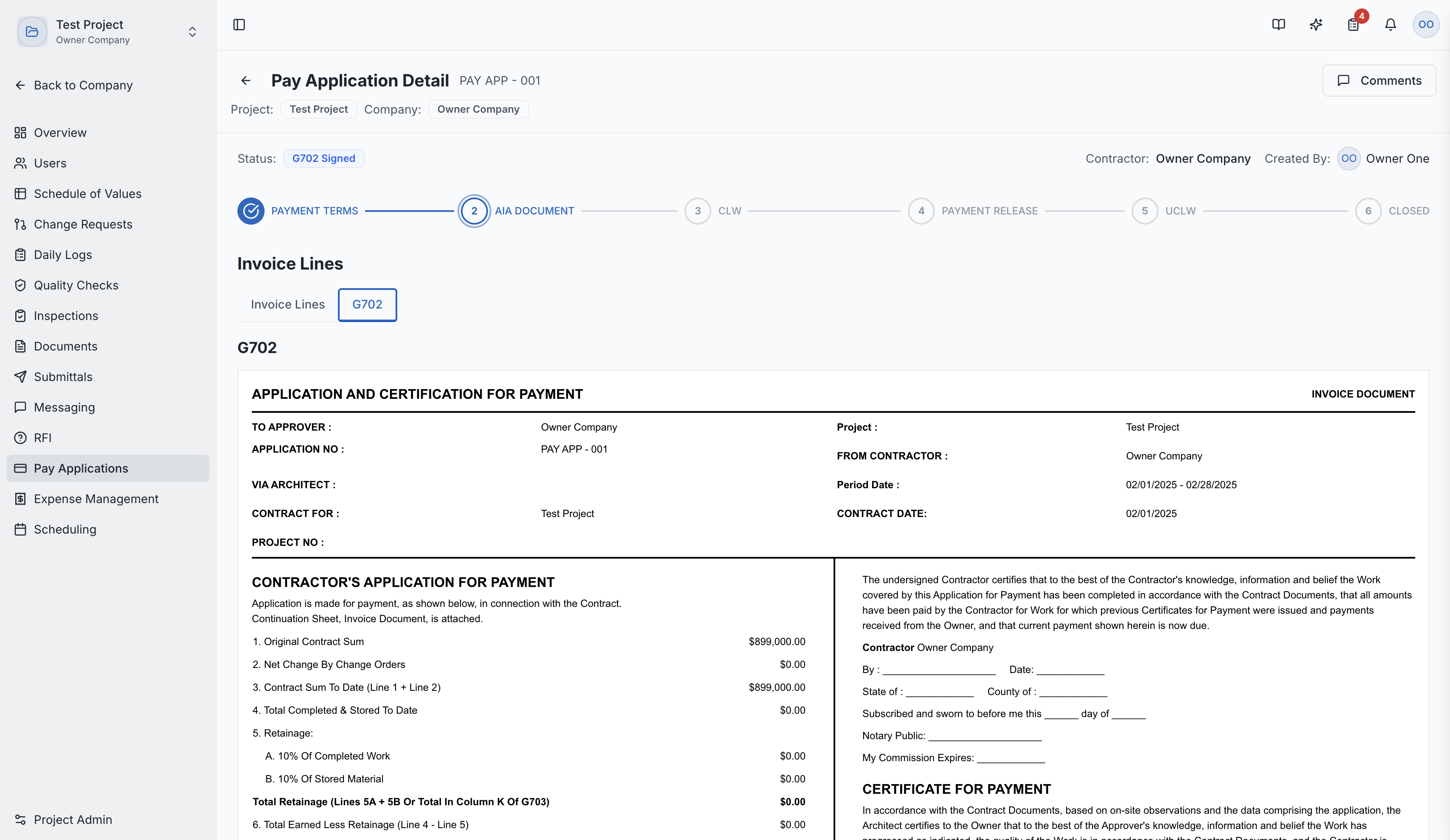 Pay application detail showing G702 summary