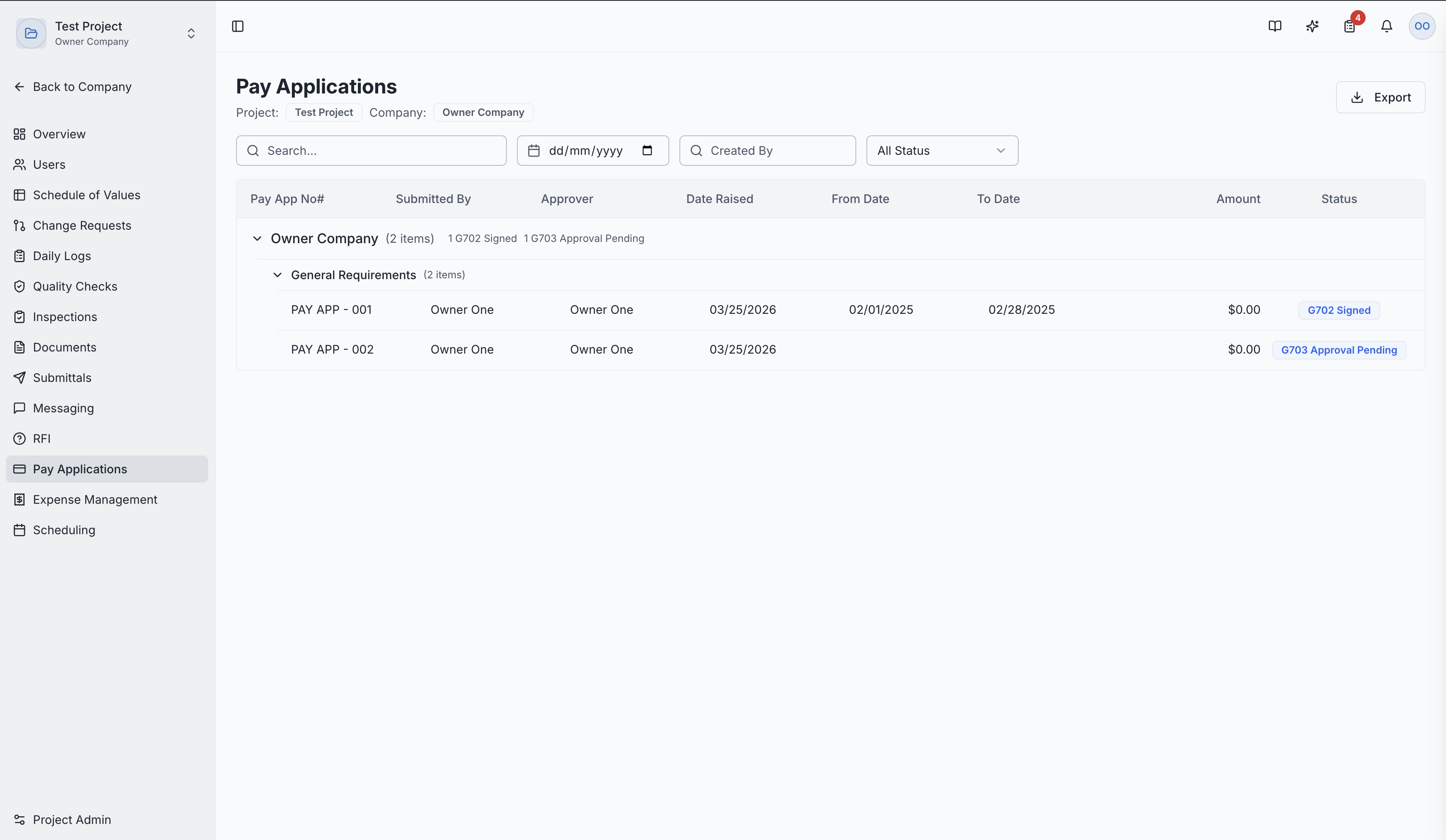 The pay applications list page