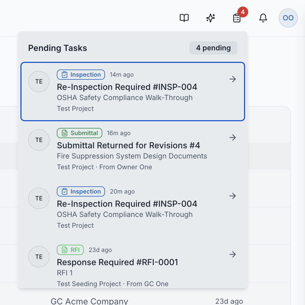 The pending tasks popover accessed from the header