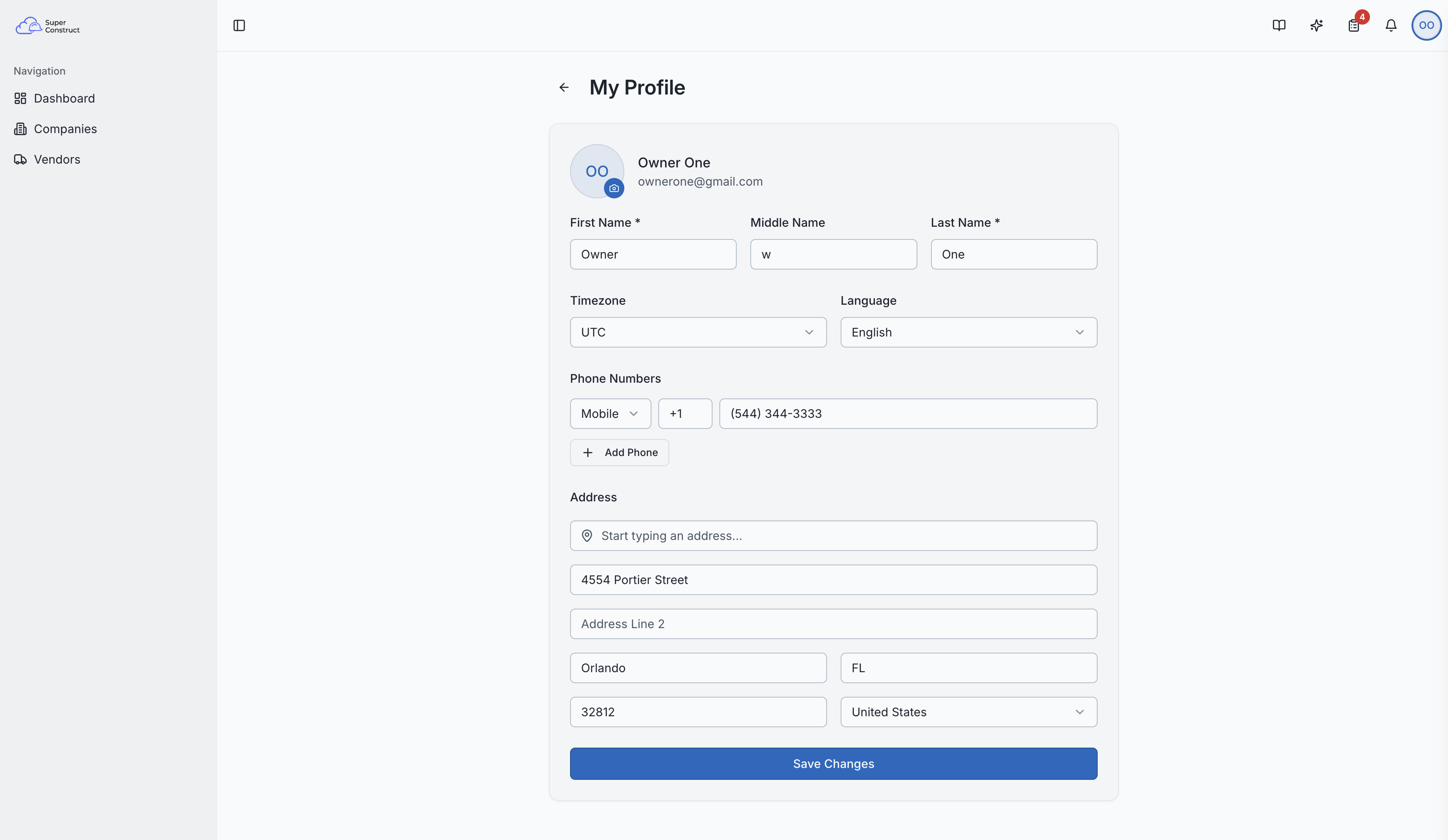 The profile editing page with personal info and preferences