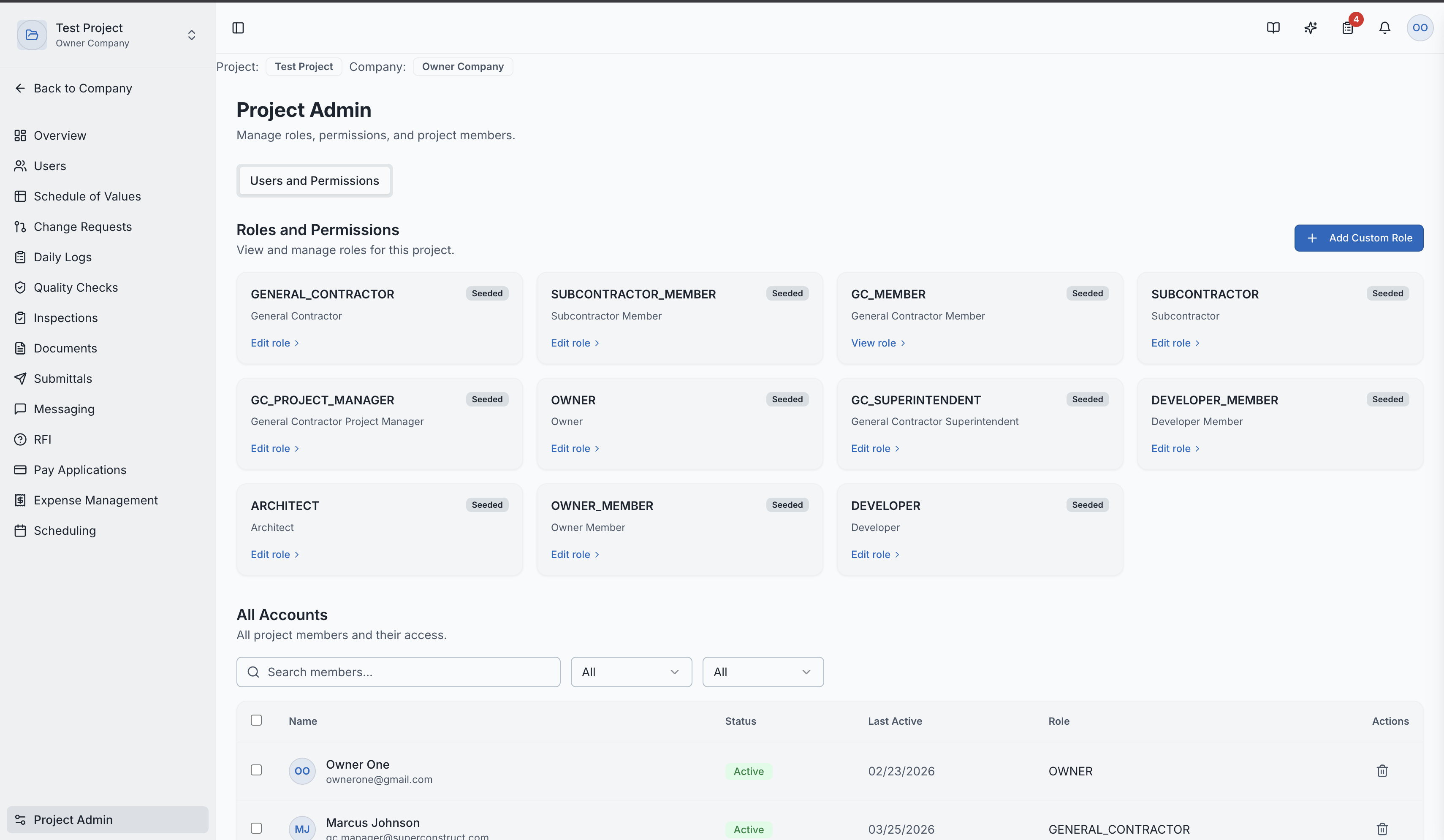 The roles and permissions management interface