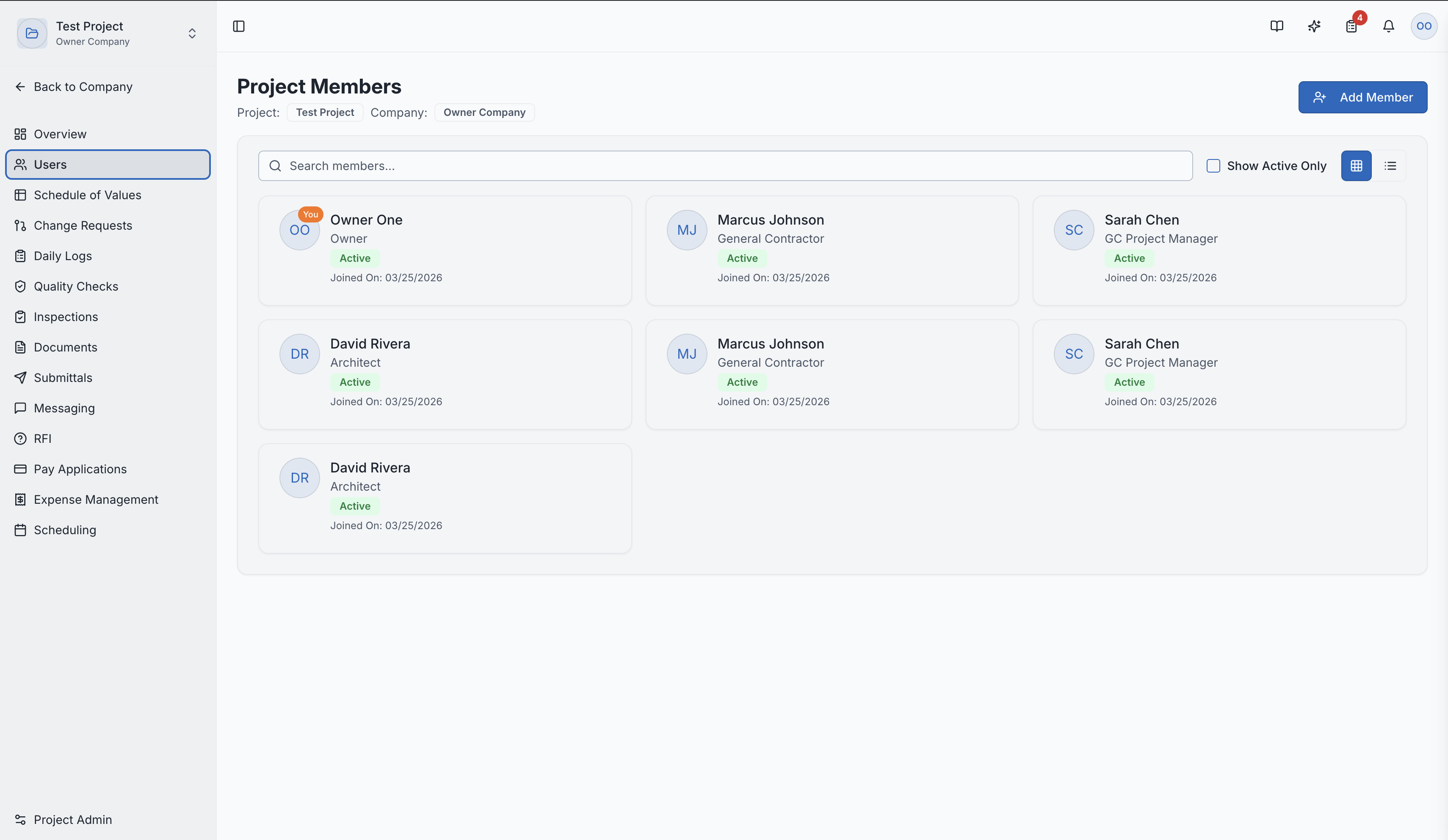 The project users list with role assignments