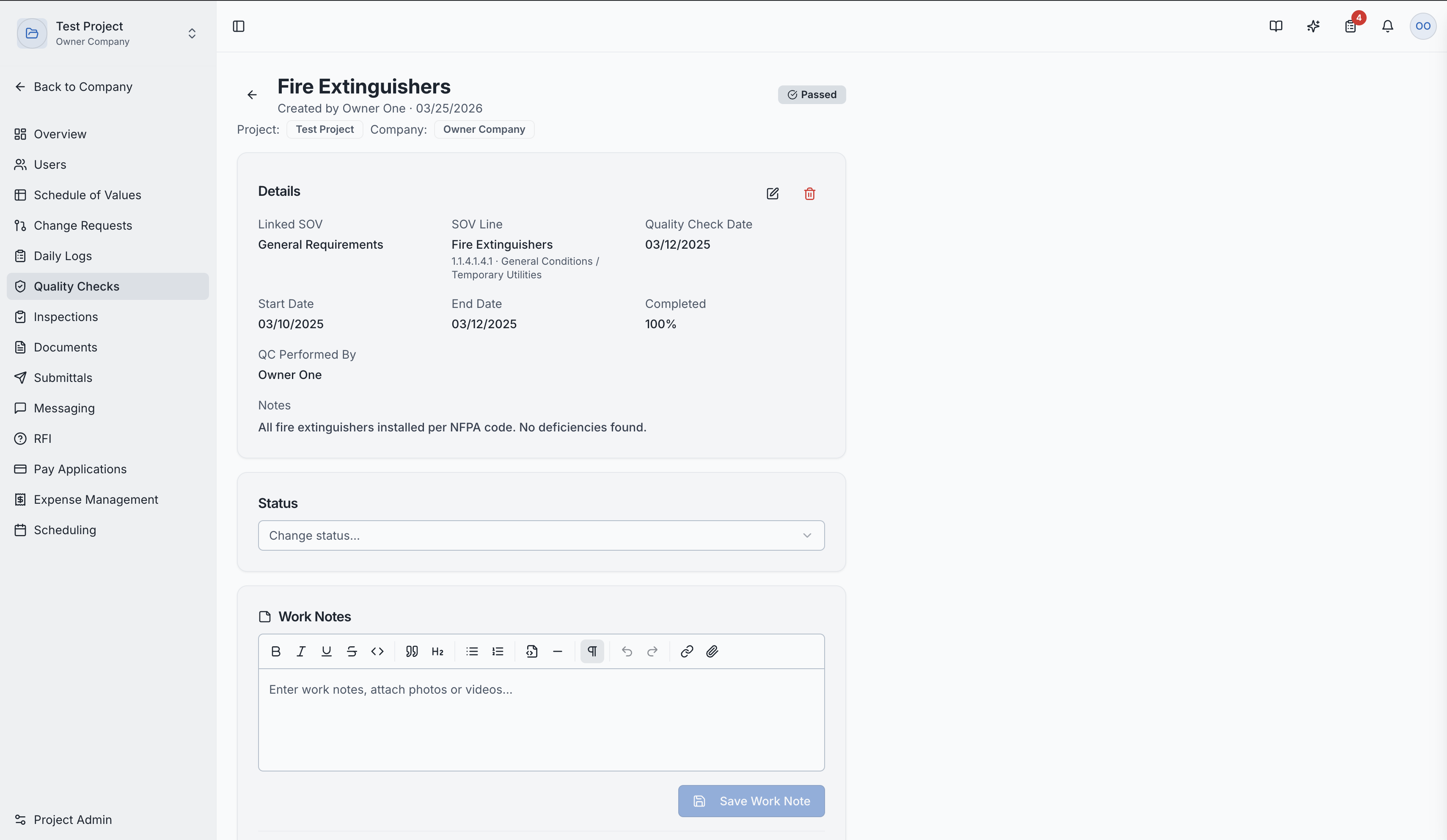 Quality check detail with status and notes