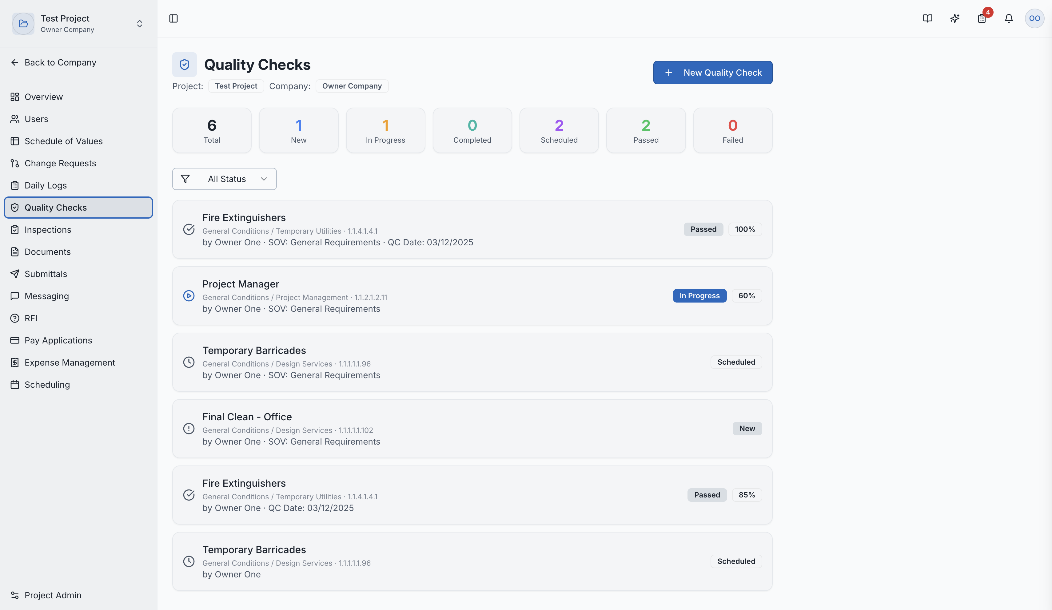 The quality checks list page