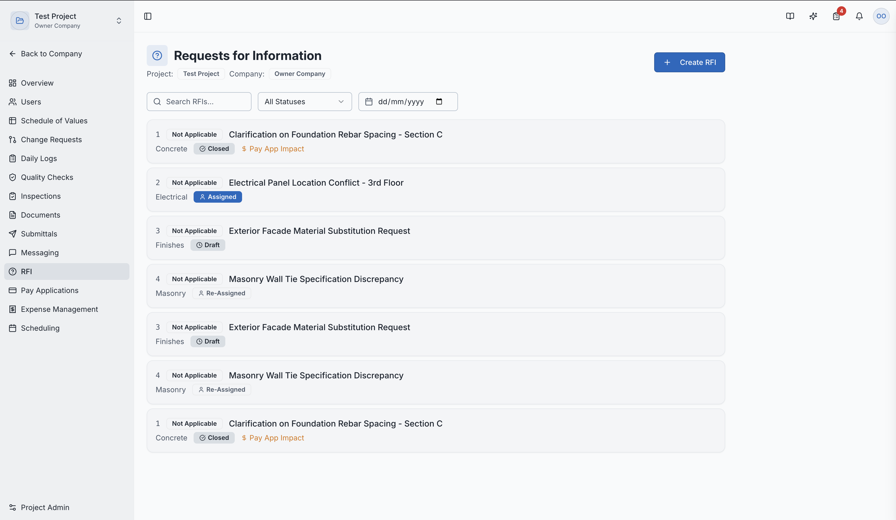 The RFI list page