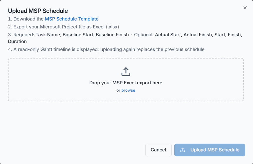 The upload pop-up with the MSP schedule template download and the Browse option