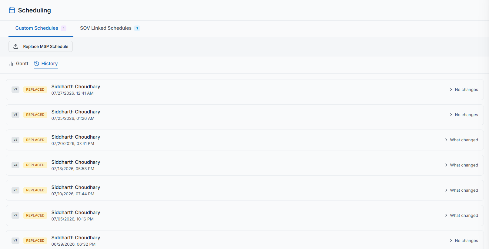 The version history with the What Changed view showing differences from the previous version