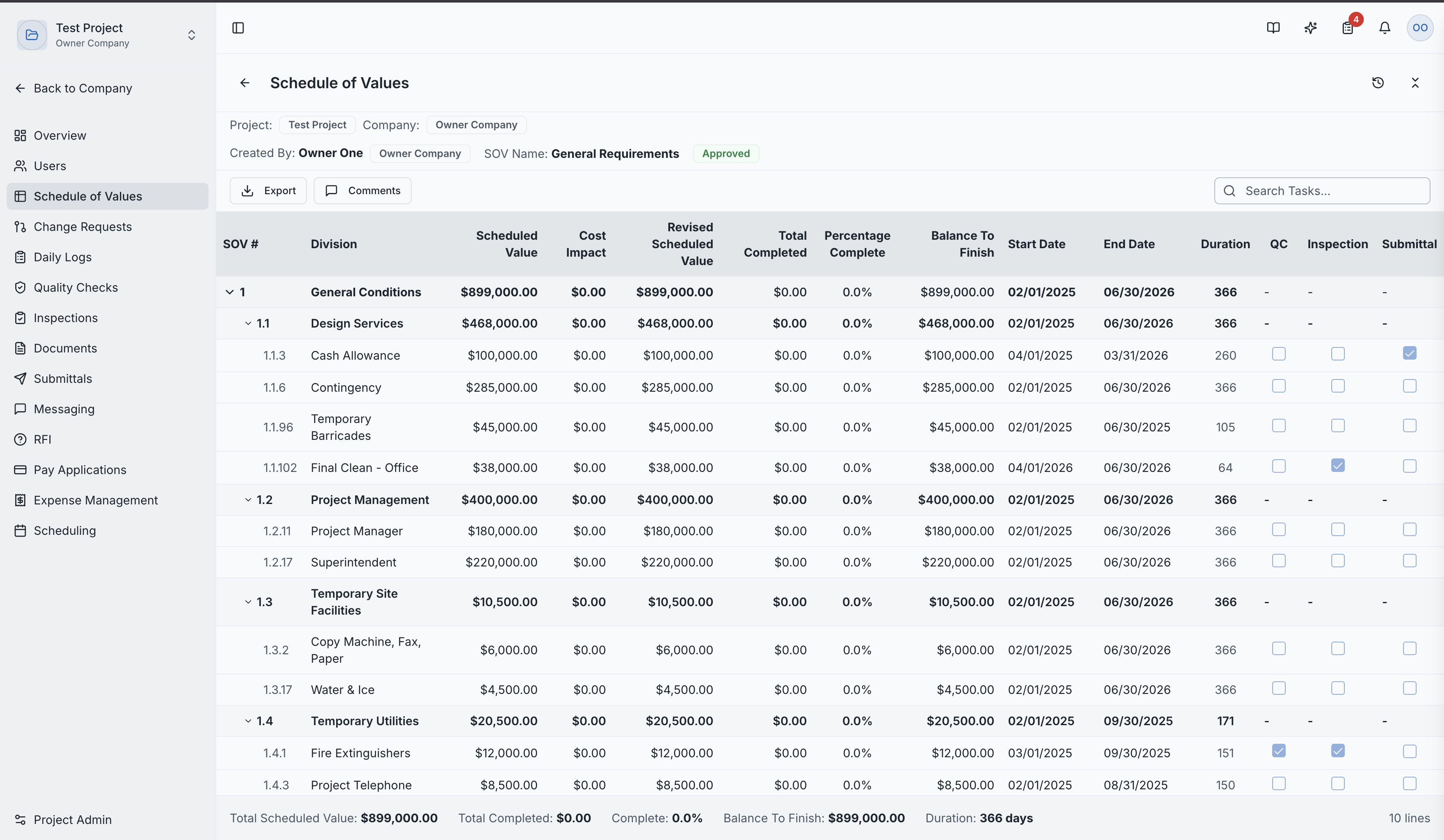 SOV detail showing divisions, tasks, and progress