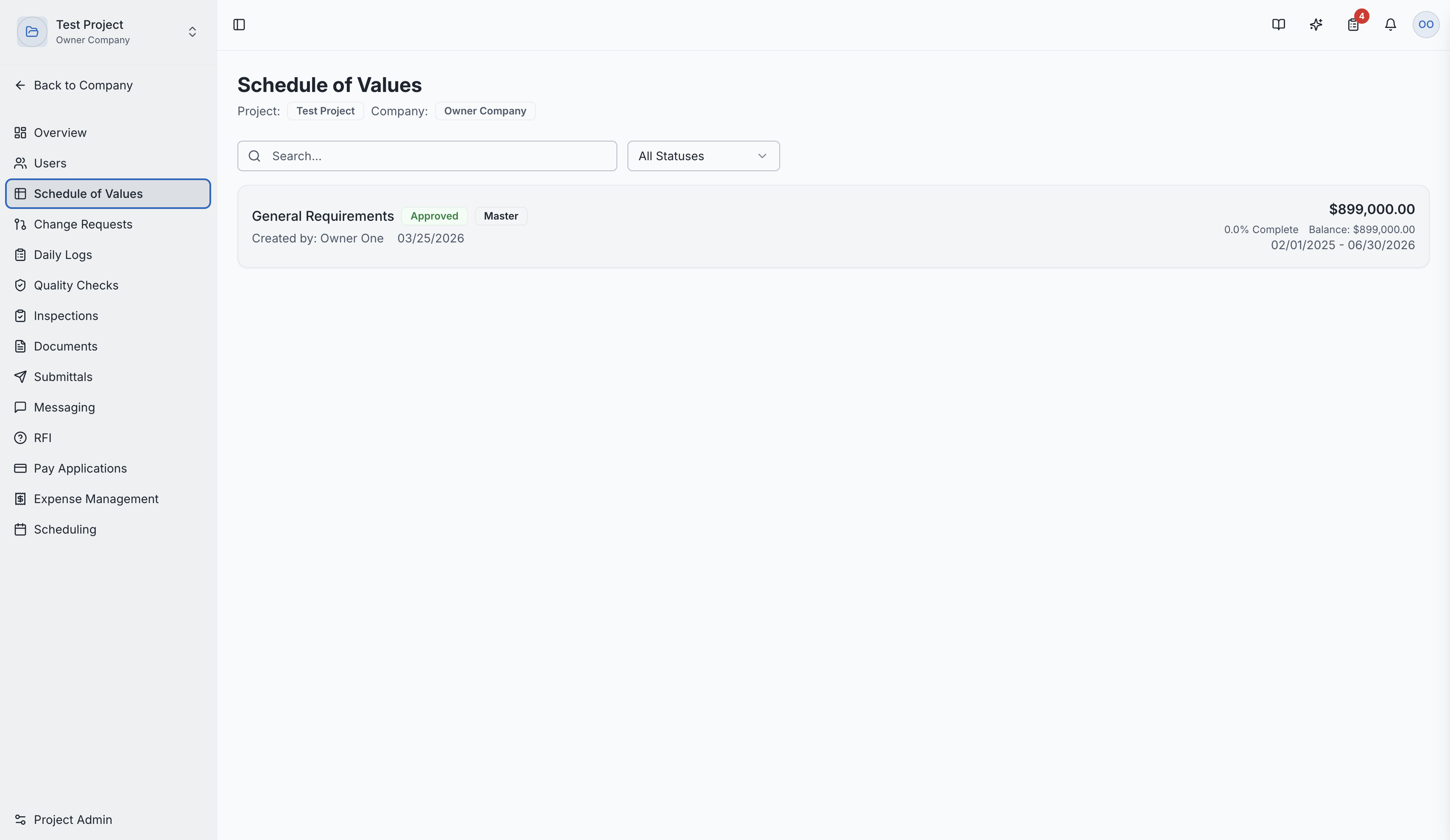 The Schedule of Values list page