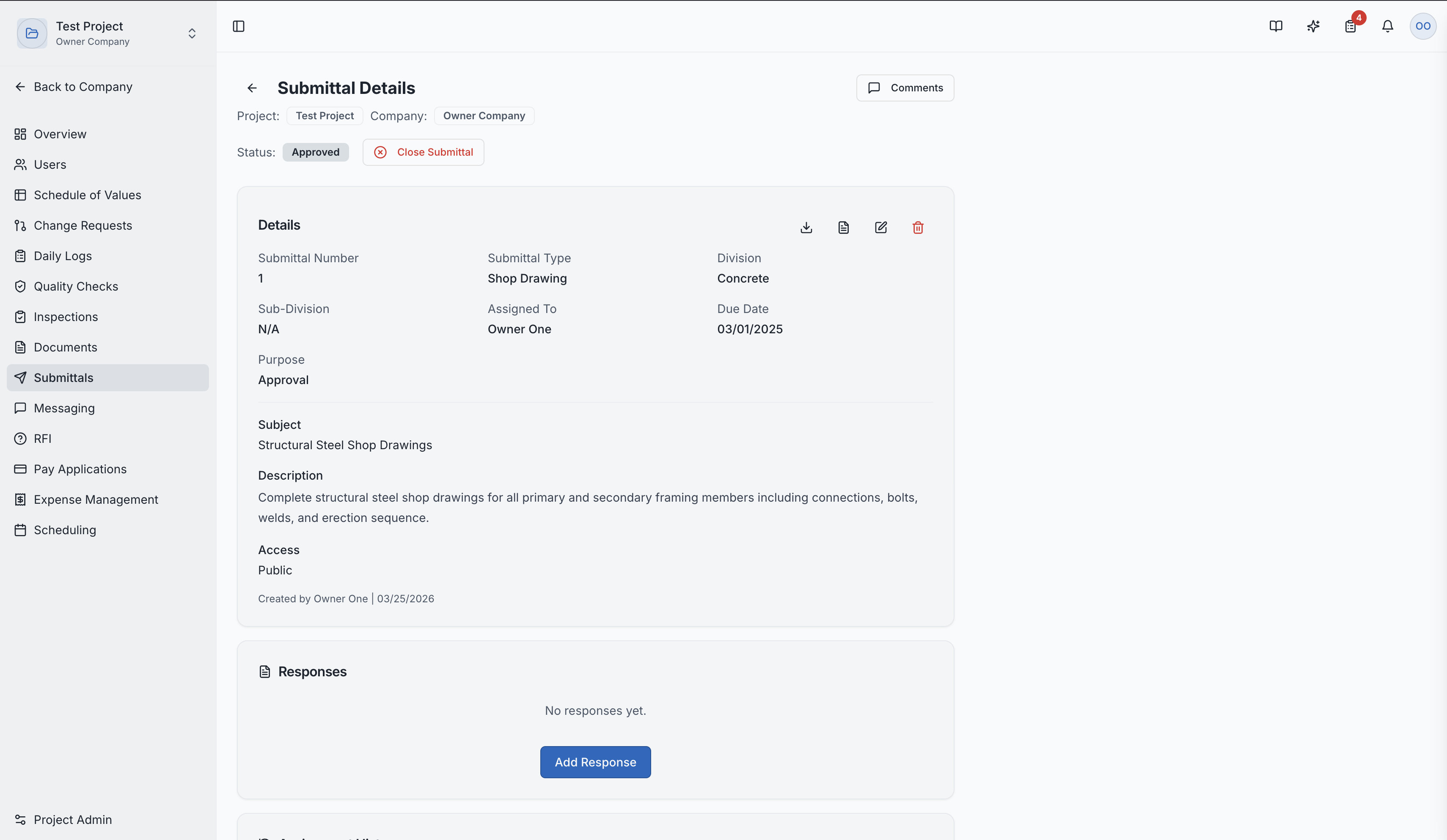 Submittal detail with review status and comments