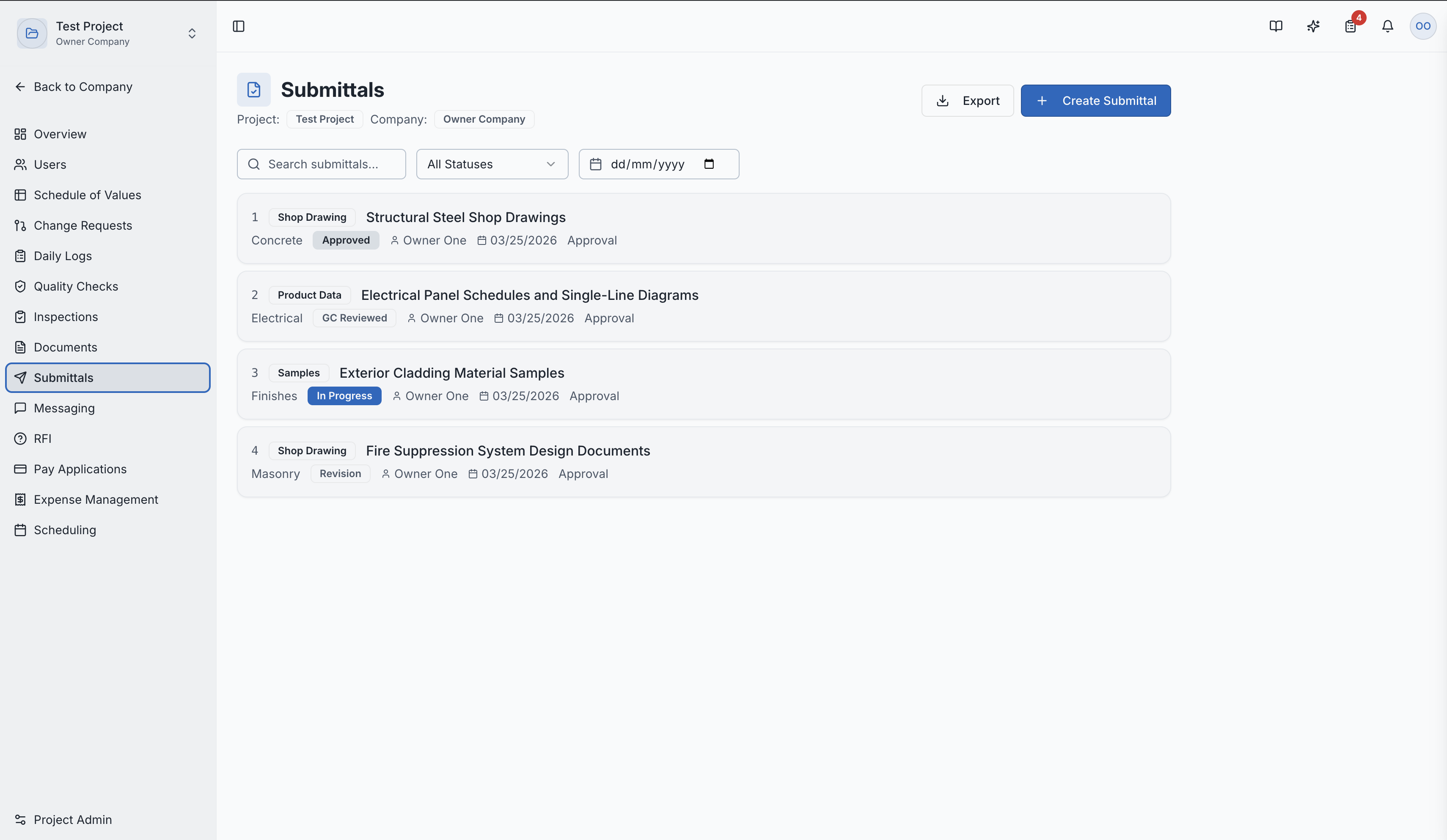 The submittals list page