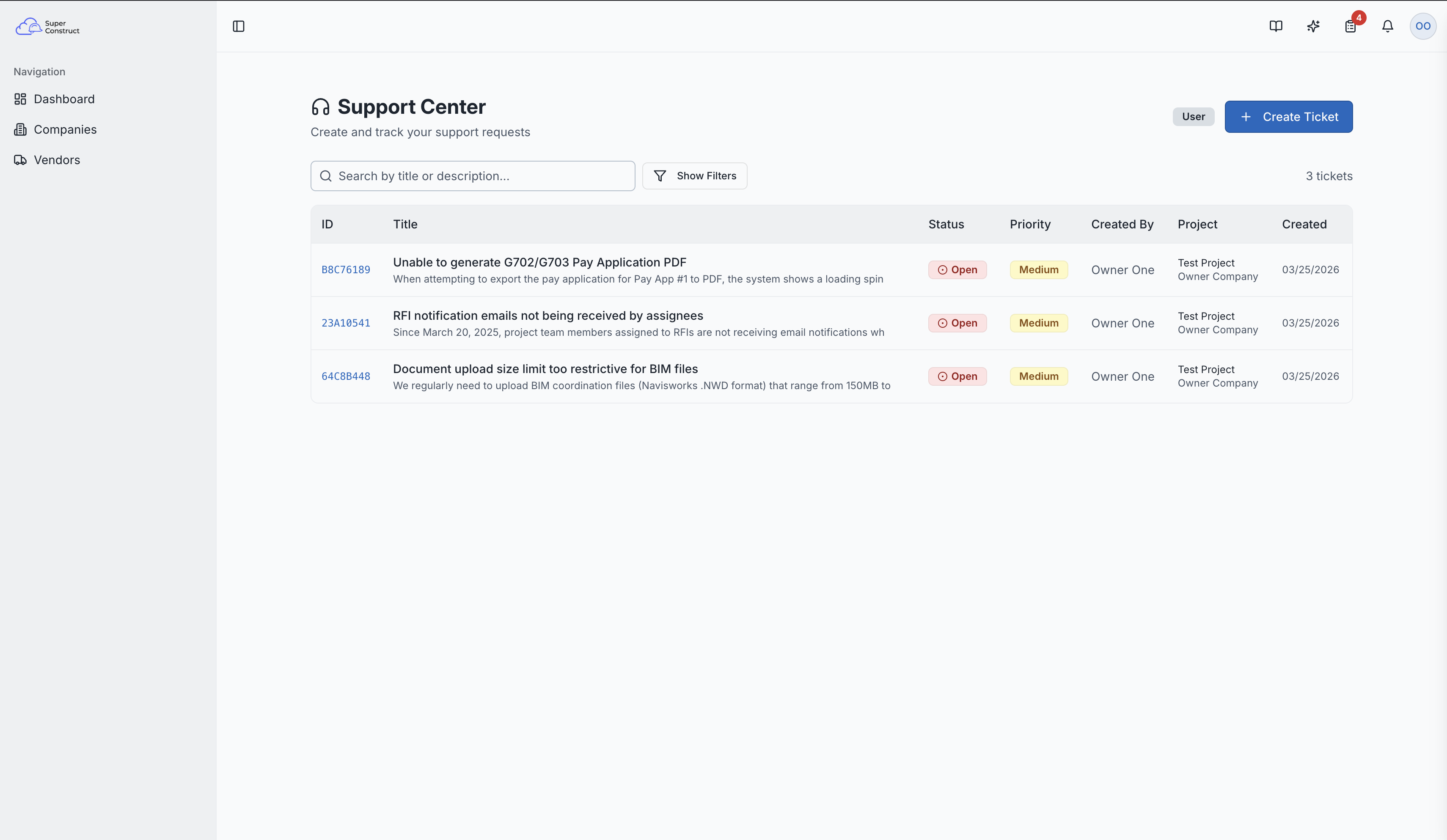 Support ticket list with search and filters