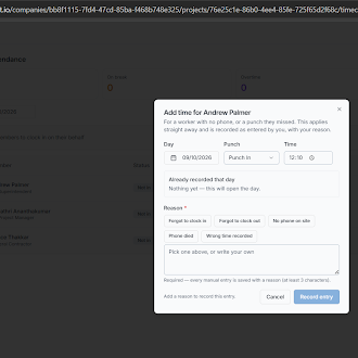 Adding time on a worker's behalf with a required reason for the manual entry