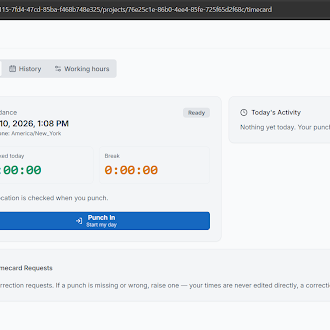 The Attendance Today tab showing work time, break time, today's activity, and the Punch In button