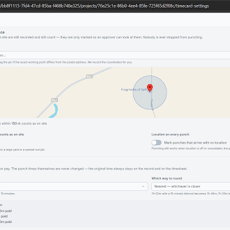 Timecard Settings — Job Site & Geofence, location validation, and Rounding