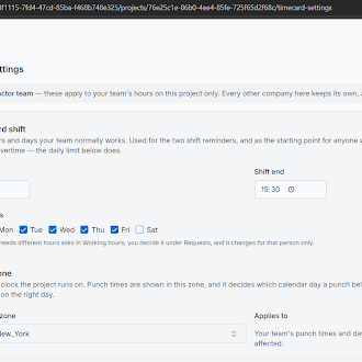 Timecard Settings — Standard Shift working hours/days and project Time Zone