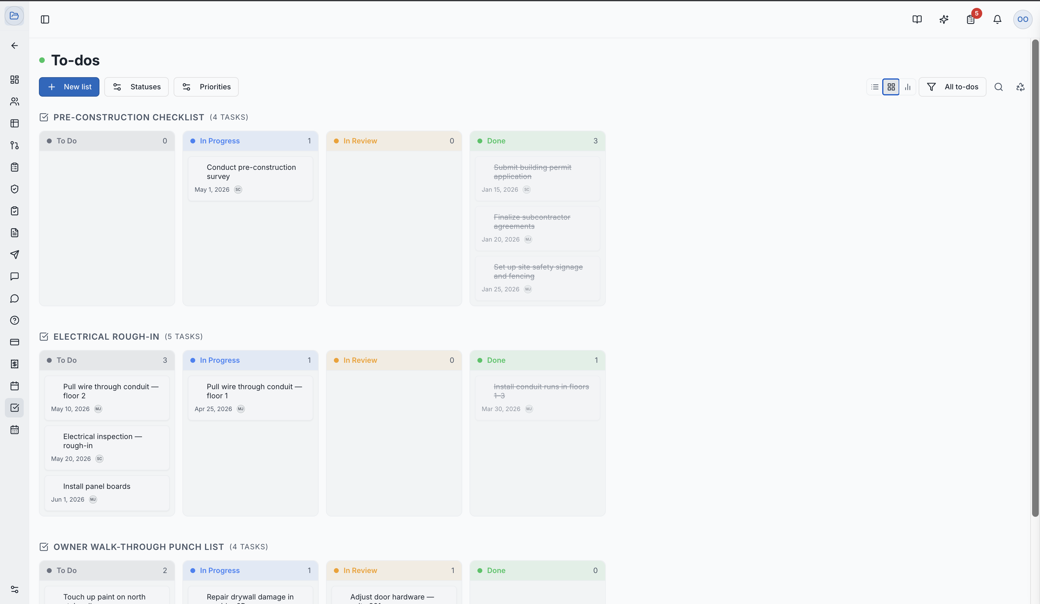 The Kanban board view with tasks in status columns