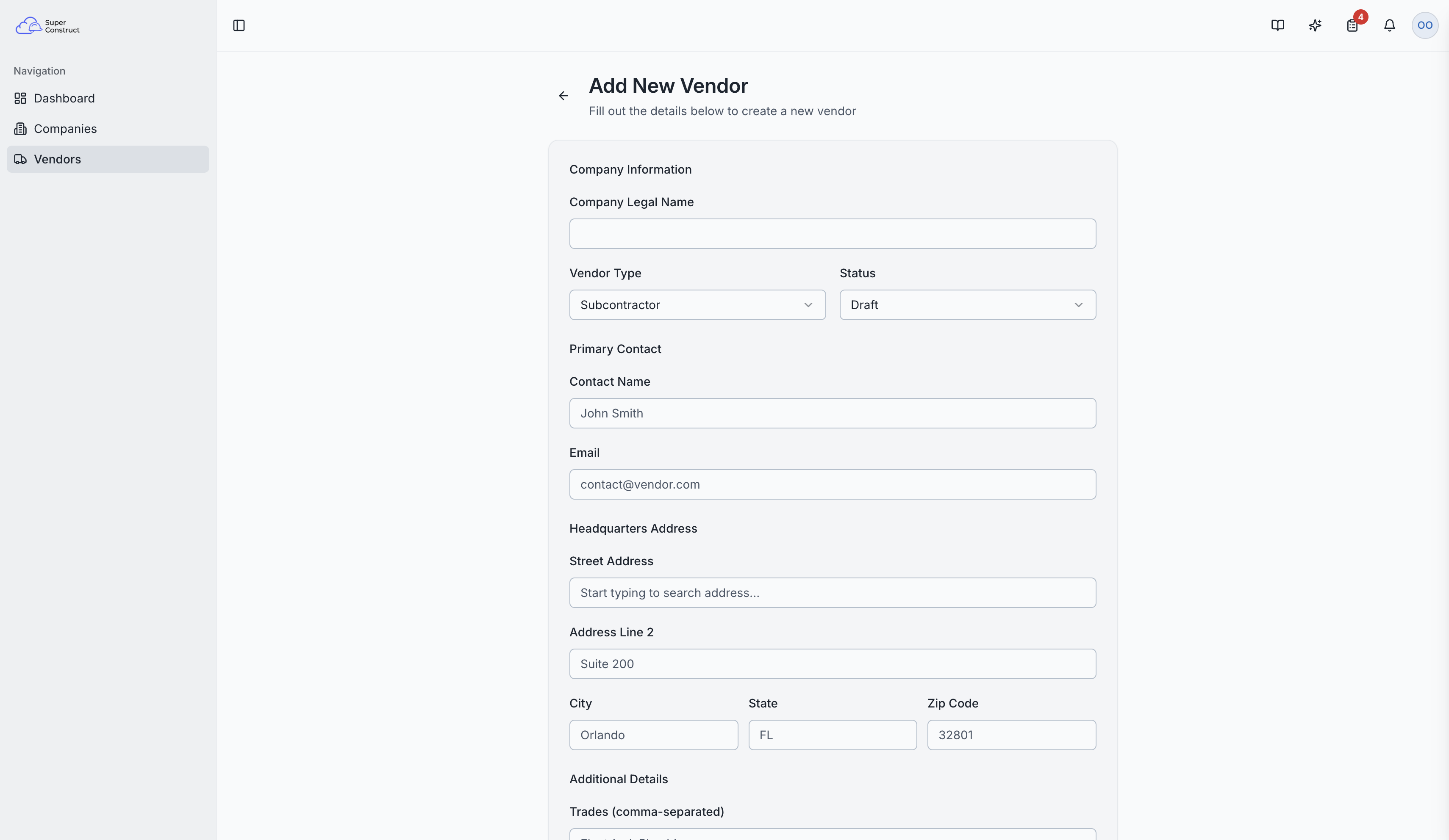 Creating a new vendor with company match detection