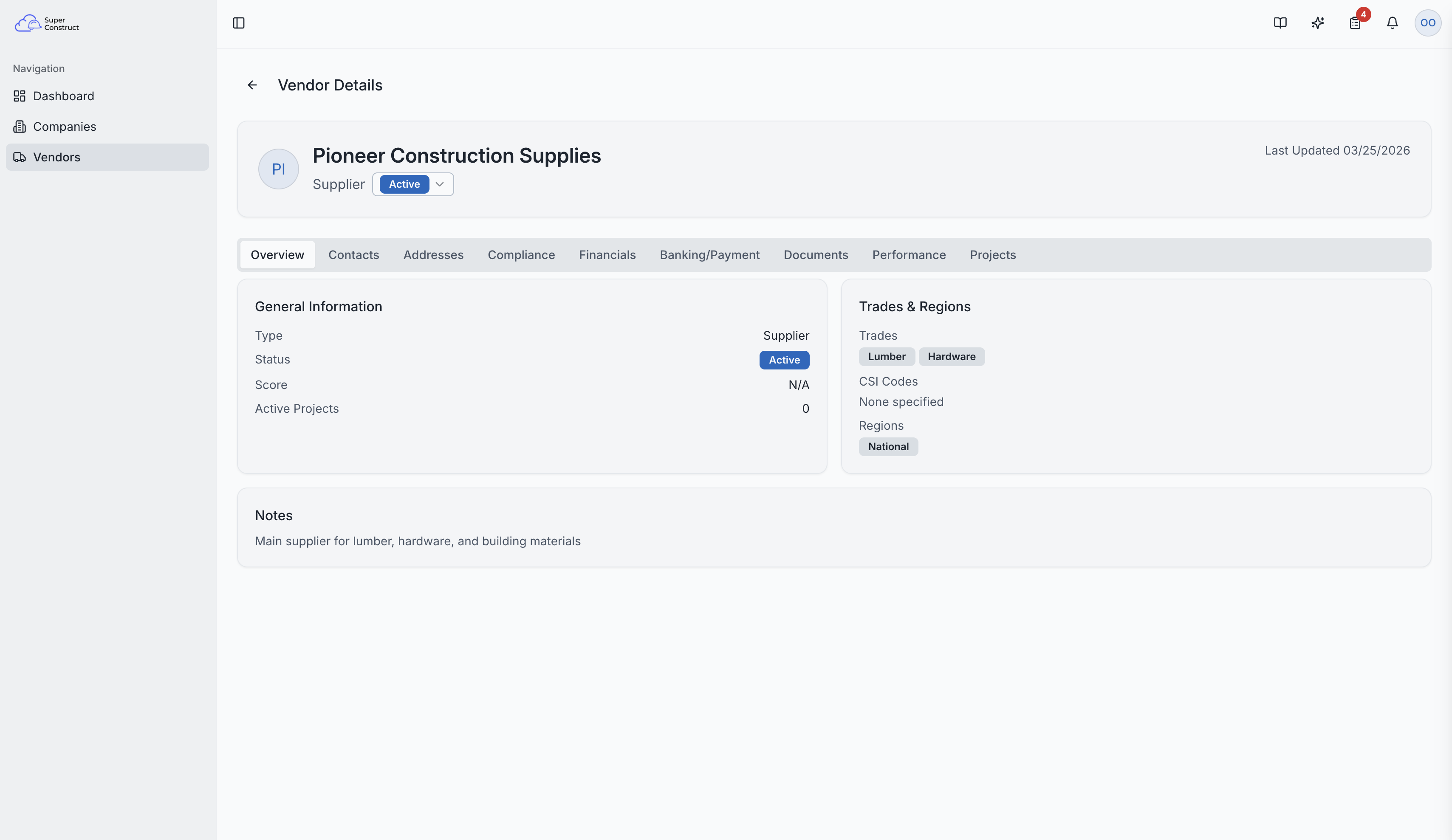 Vendor detail page showing the overview tab