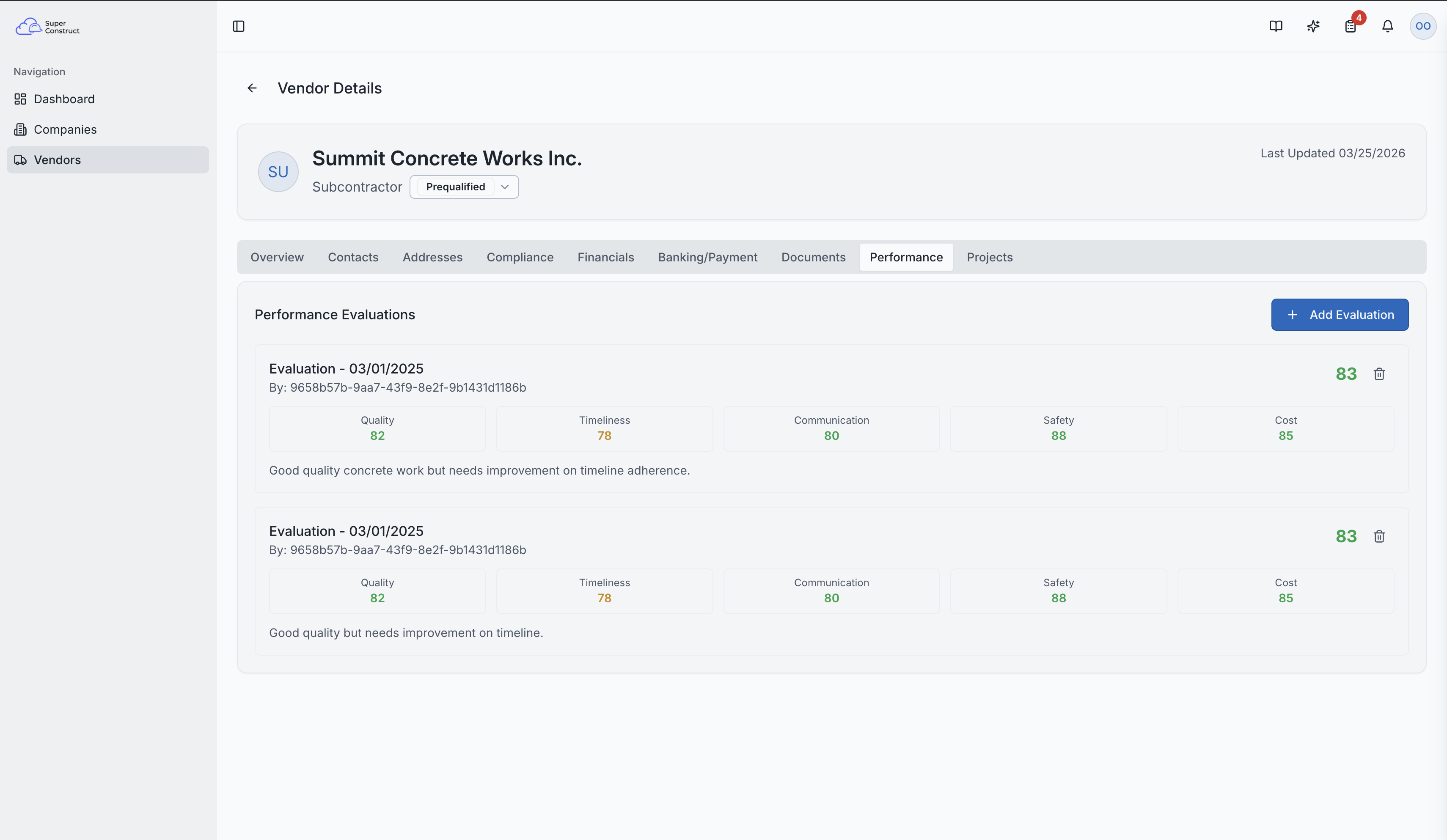 The performance evaluation tab with scoring categories
