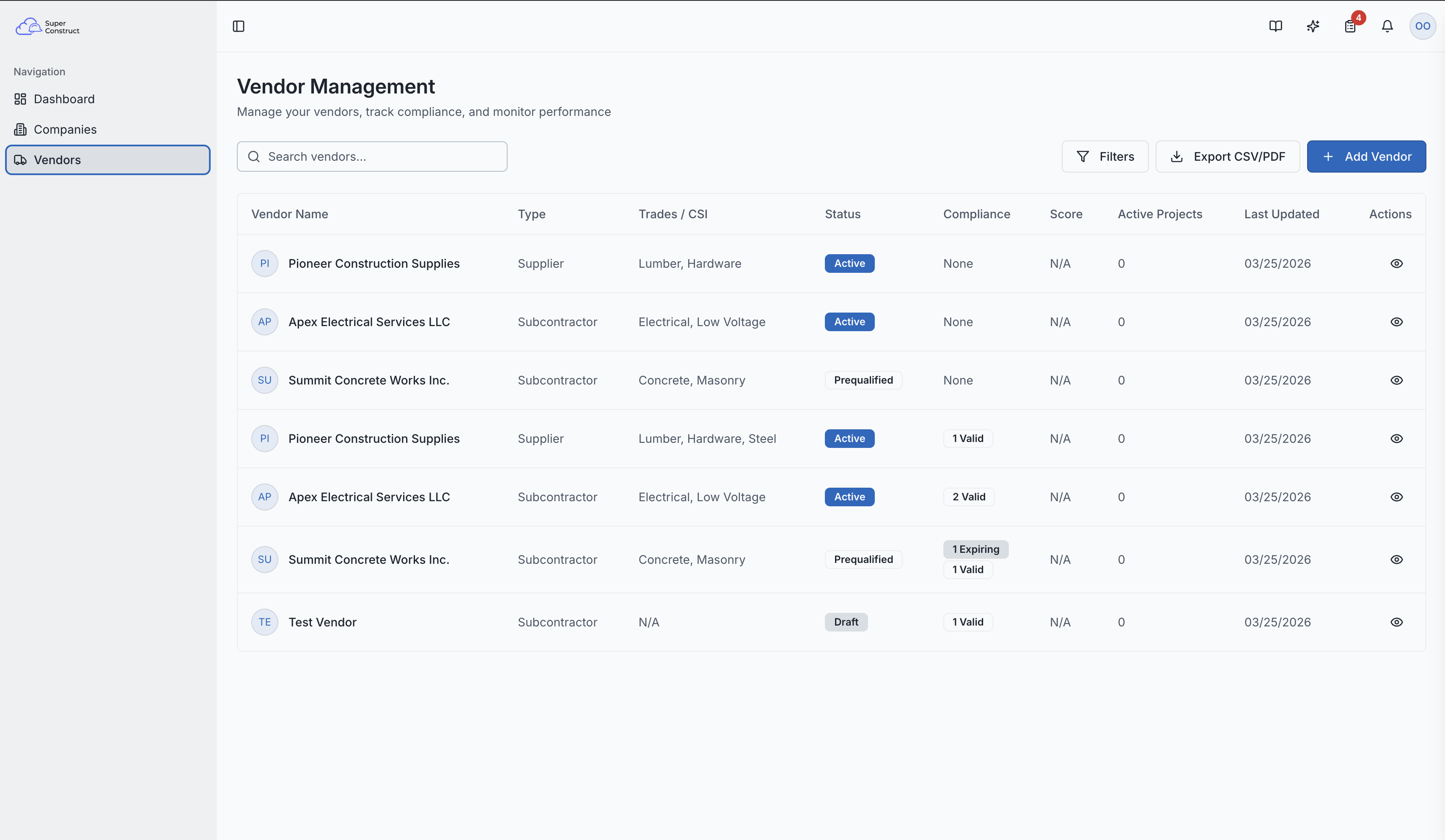 The vendor list with search, filters, and compliance indicators